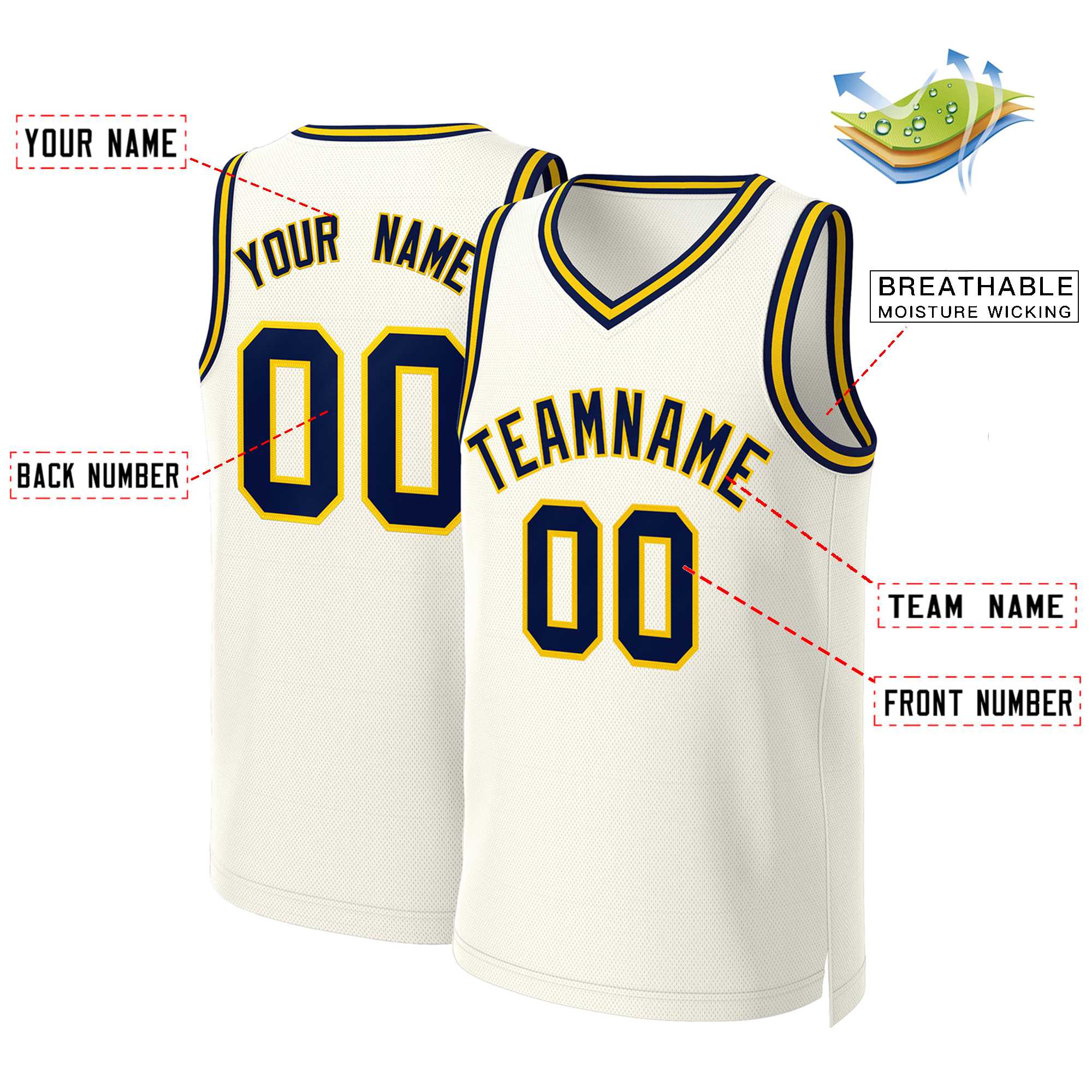 Maillot de basket-ball classique personnalisé kaki marine-jaune