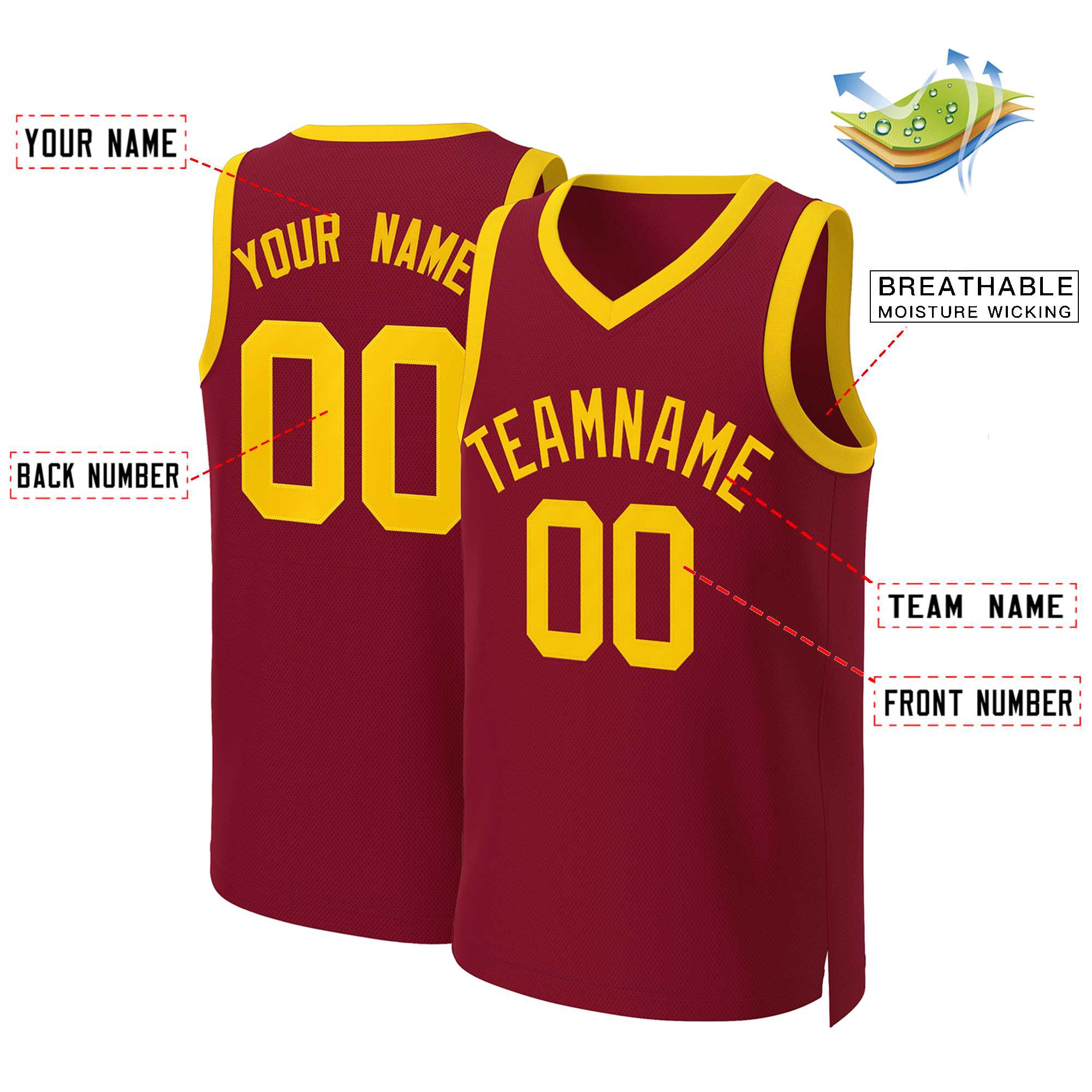 Custom Maroon Yellow Classic Tops Basketball Jersey