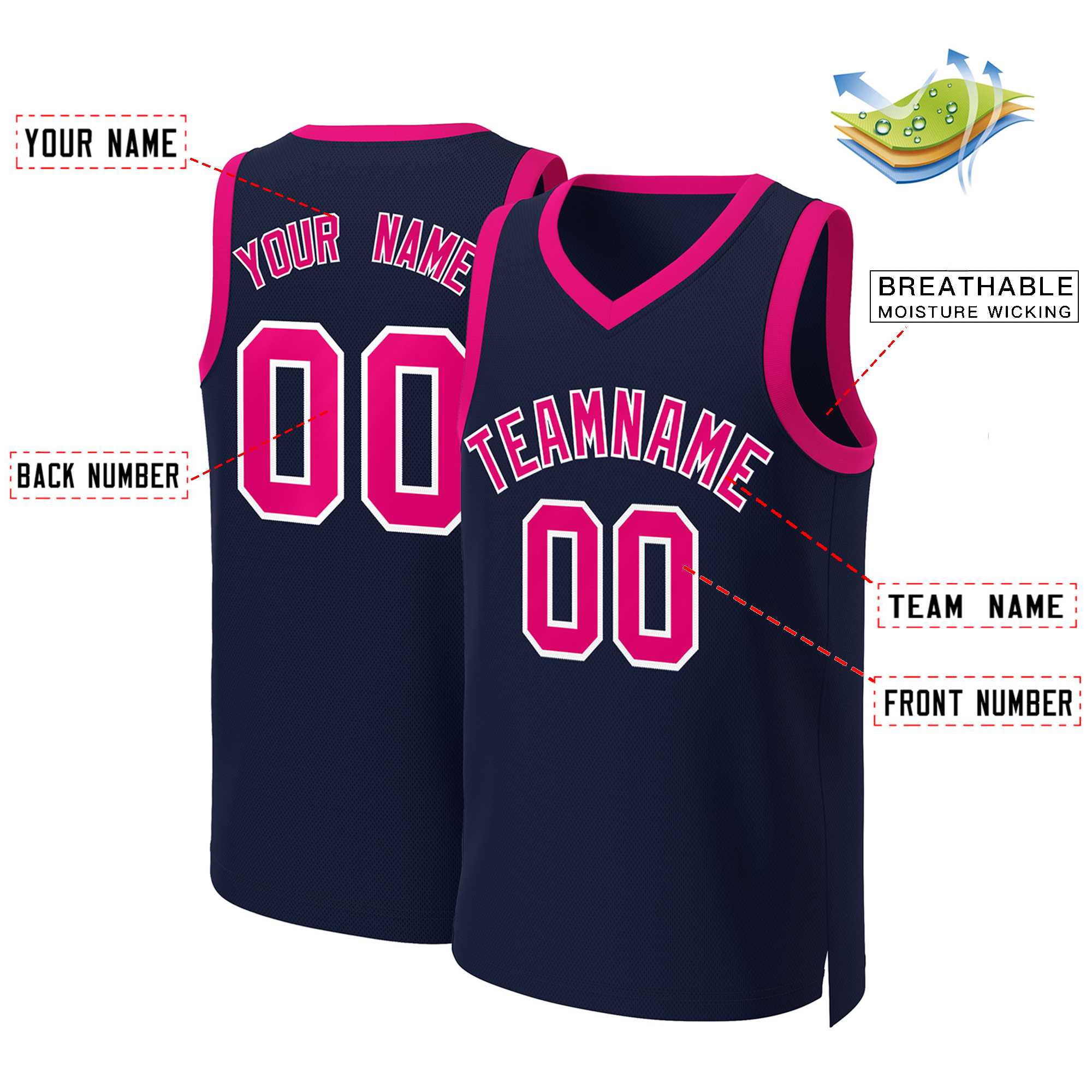 Custom Navy Pink-White Classic Tops Basketball Jersey