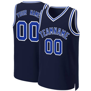 Maillot de basket-ball classique personnalisé, bleu marine Royal-blanc