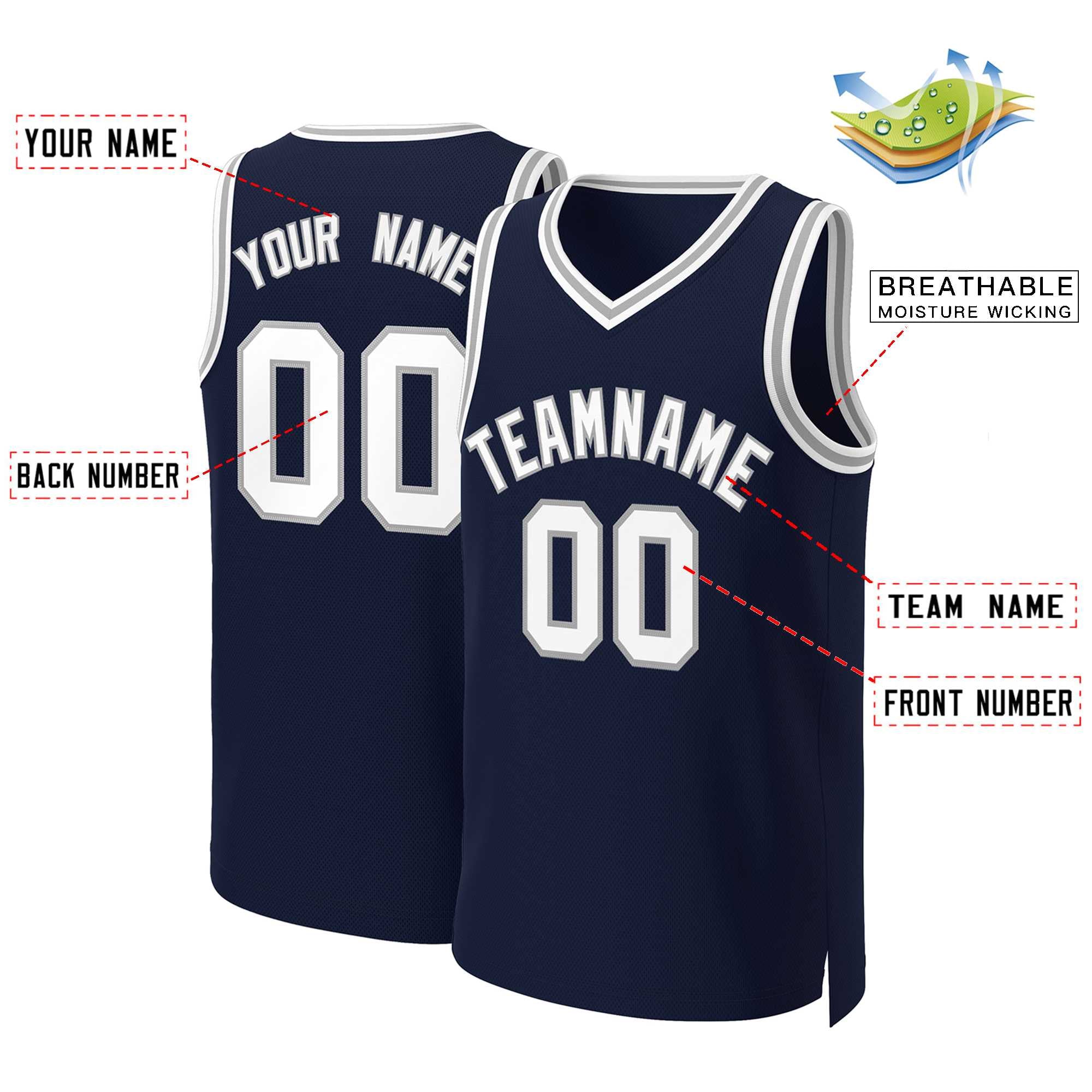 Maillot de basket-ball classique personnalisé, blanc-gris, marine, personnalisé