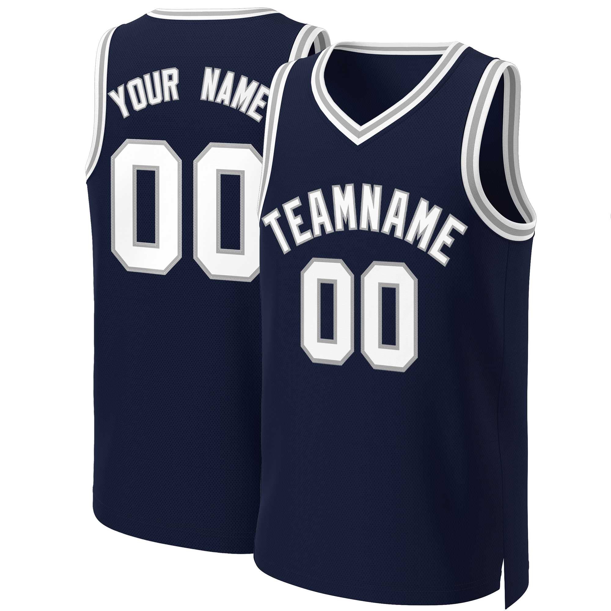 Maillot de basket-ball classique personnalisé, blanc-gris, marine, personnalisé