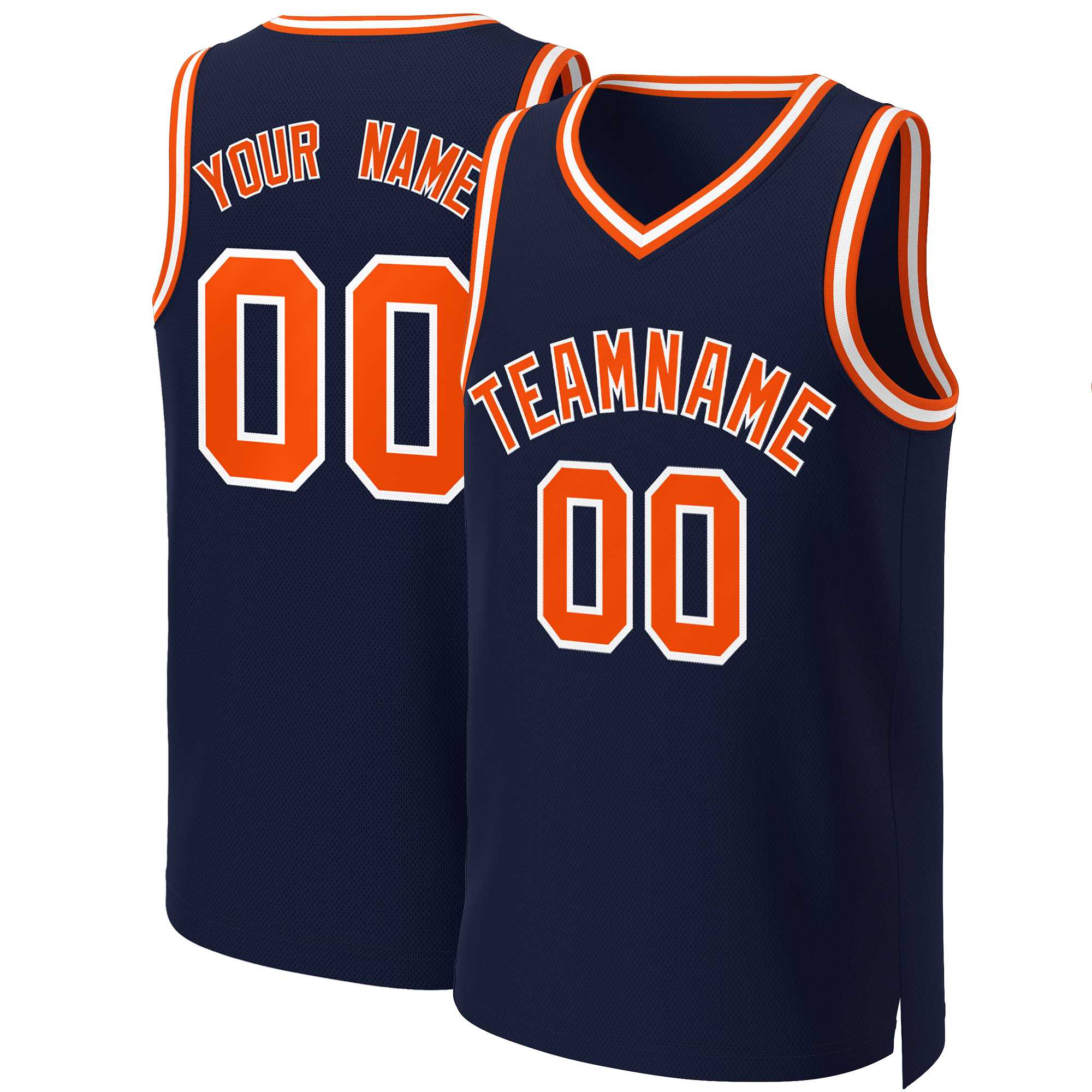 Maillot de basket-ball classique personnalisé, bleu marine, Orange-blanc