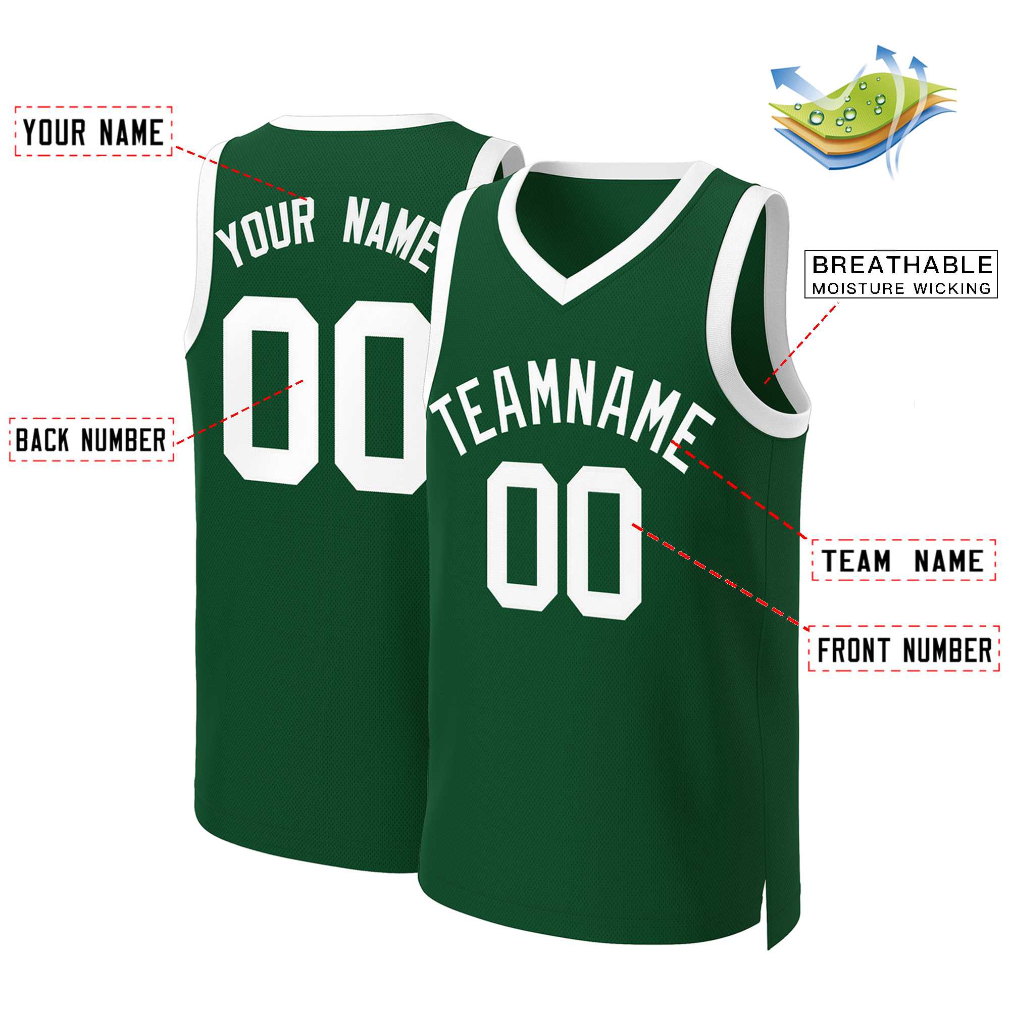 Maillot de basket-ball classique vert et blanc personnalisé