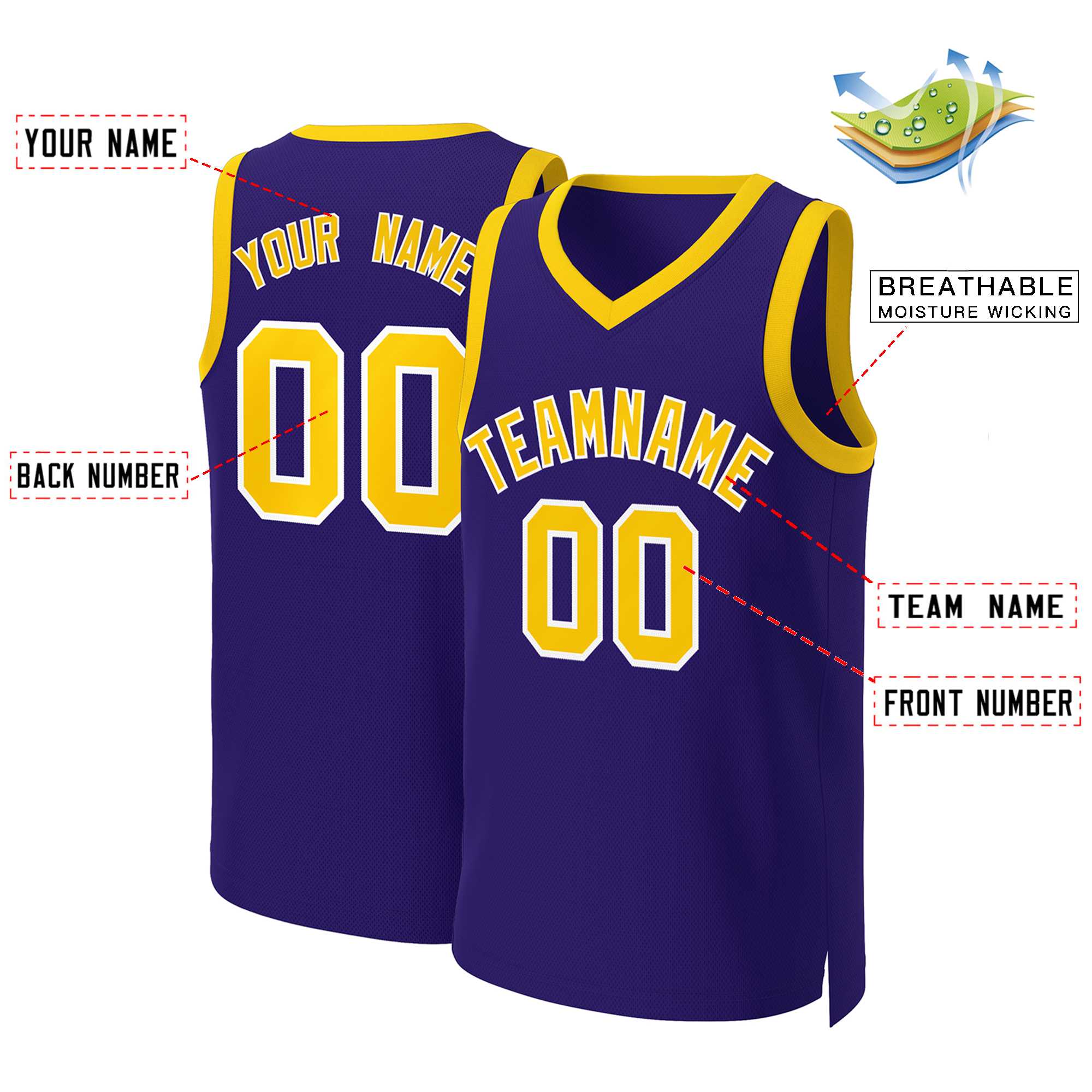 Maillot de basket-ball classique personnalisé violet or-blanc