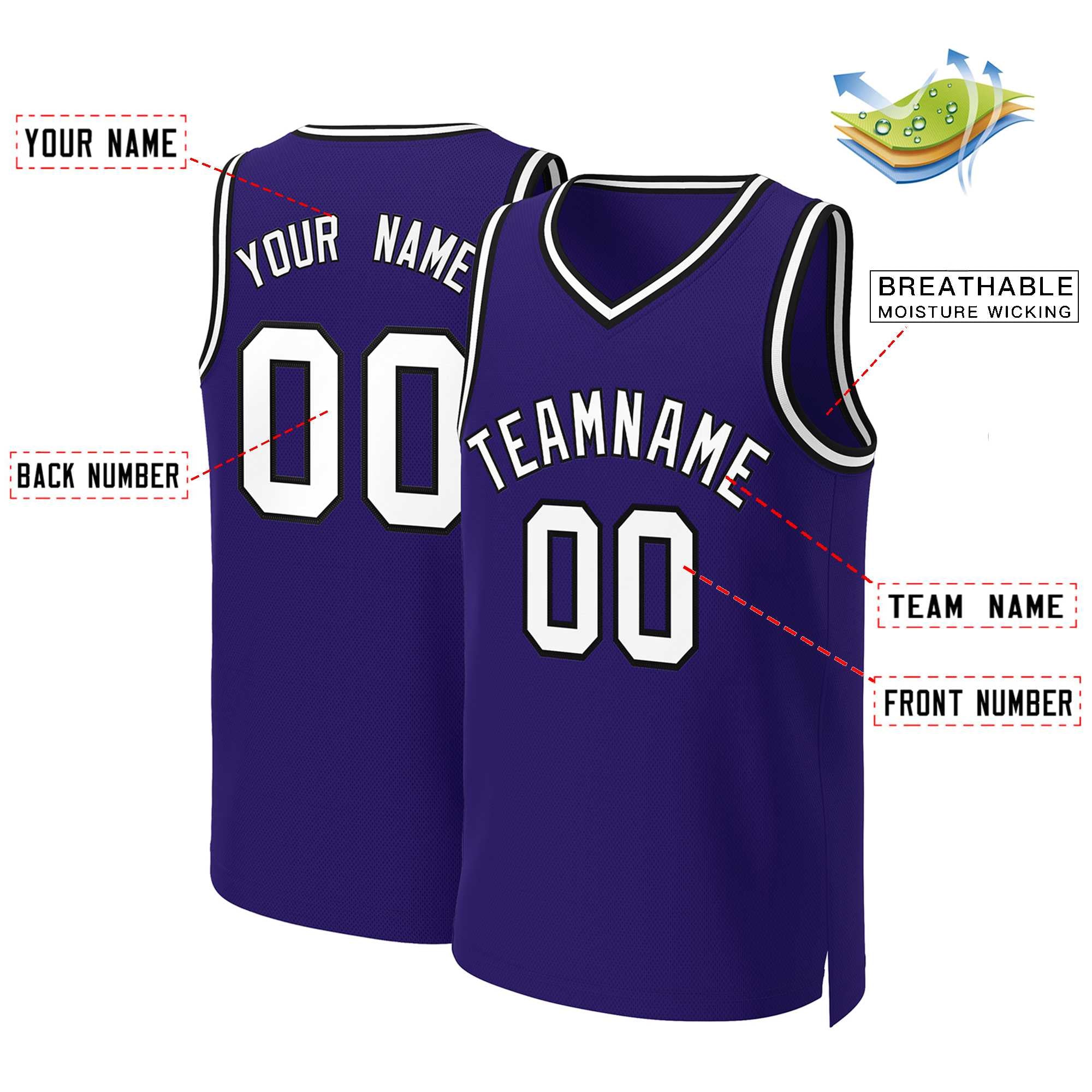 Maillot de basket-ball classique personnalisé violet blanc-noir