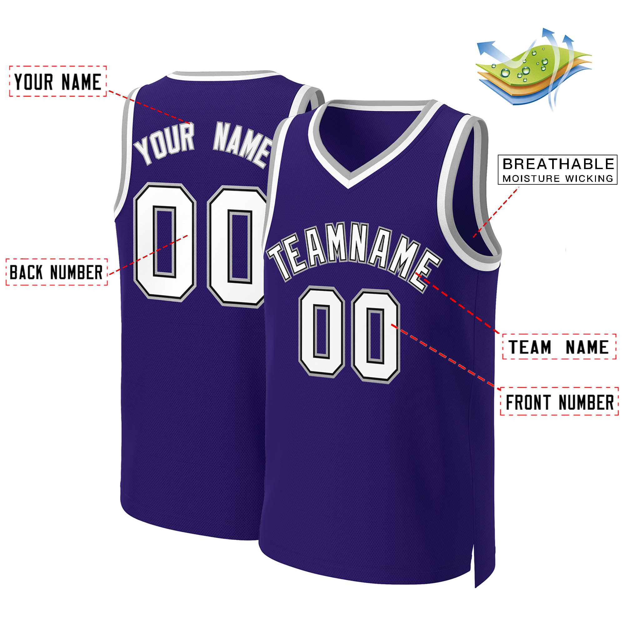 Maillot de basket-ball classique personnalisé violet blanc-noir