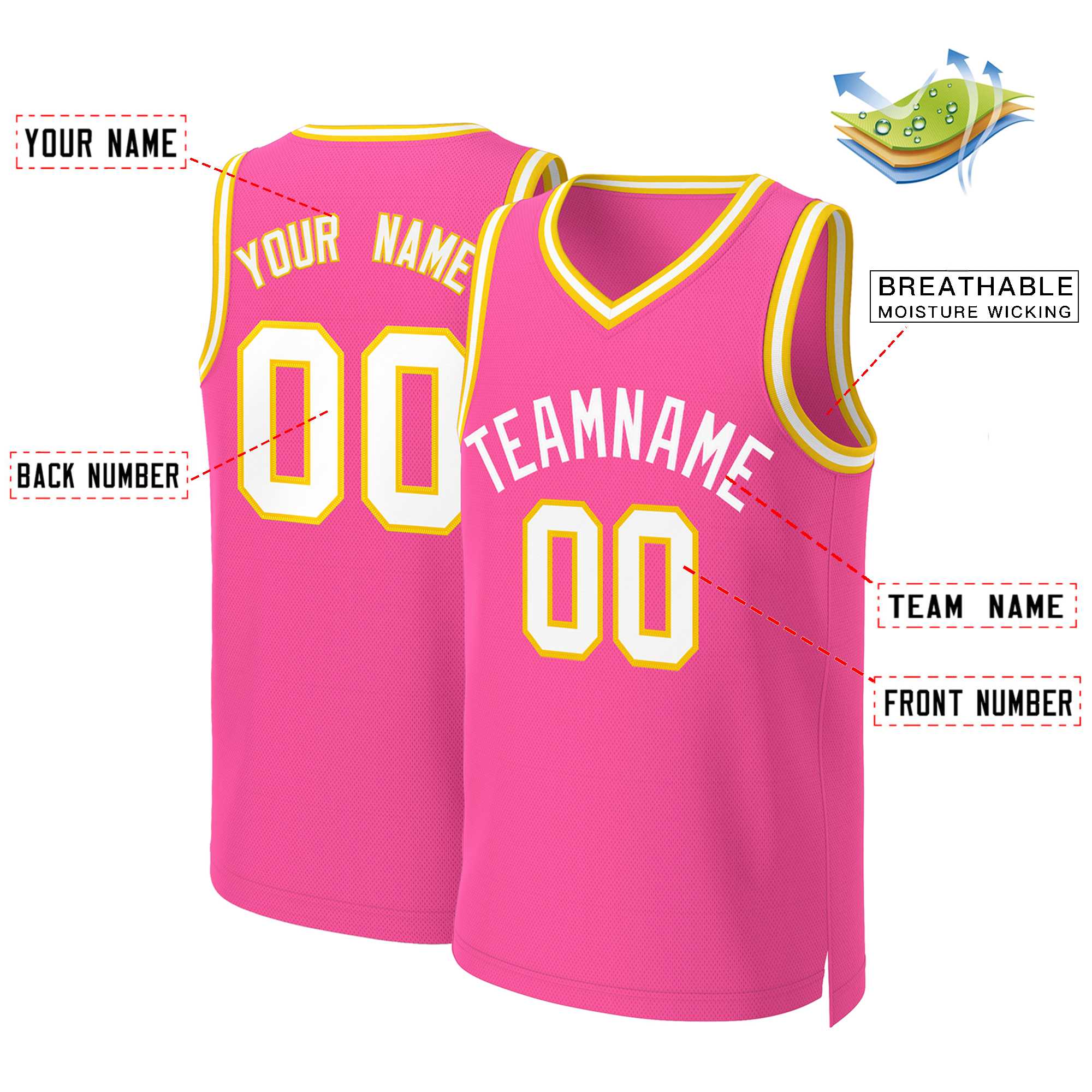 Maillot de basket-ball classique rose blanc personnalisé