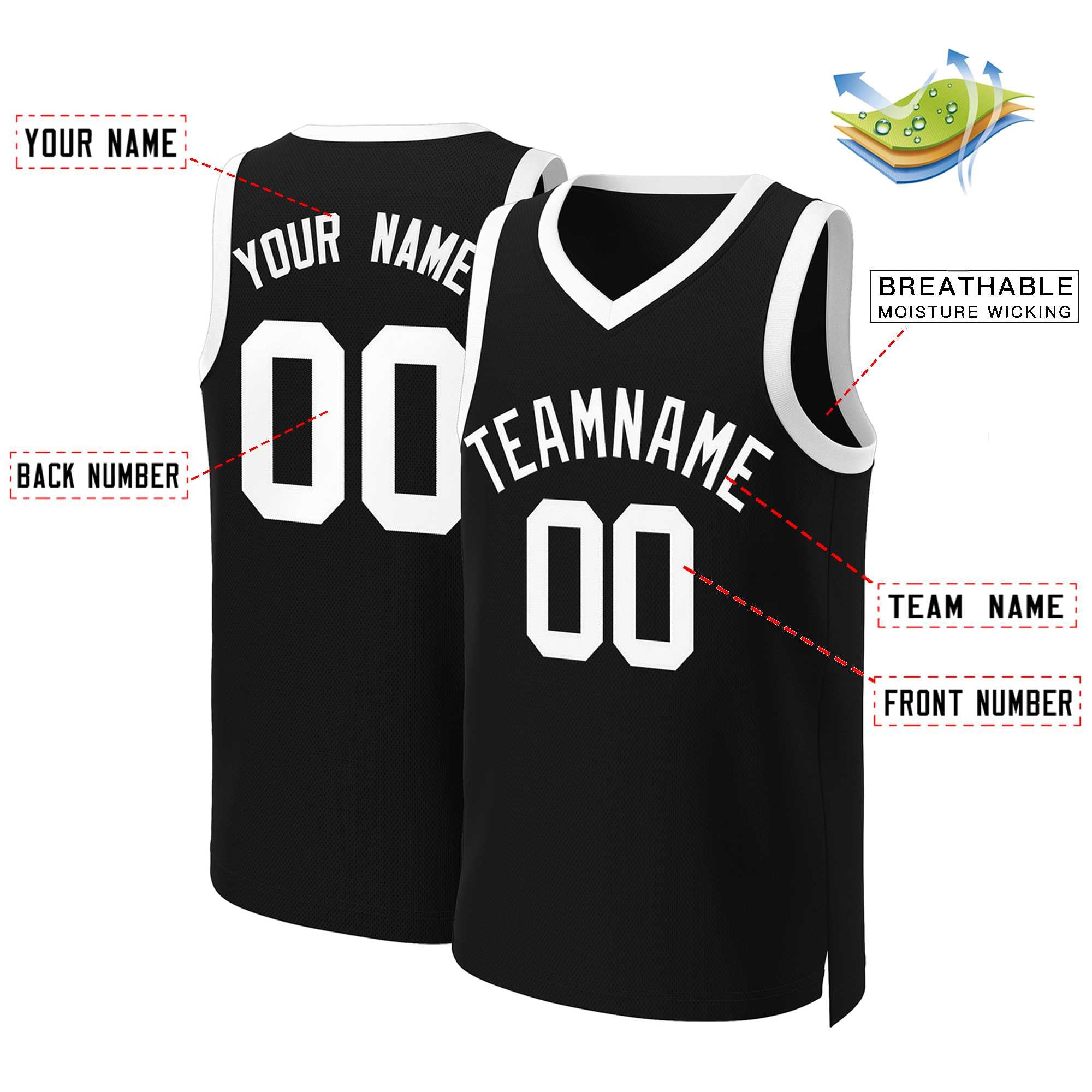 Maillot de basket-ball classique noir et blanc personnalisé