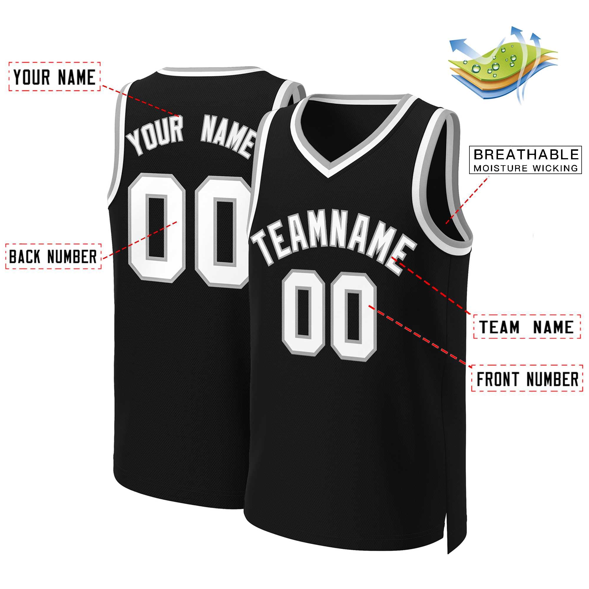 Maillot de basket-ball classique personnalisé noir blanc-gris