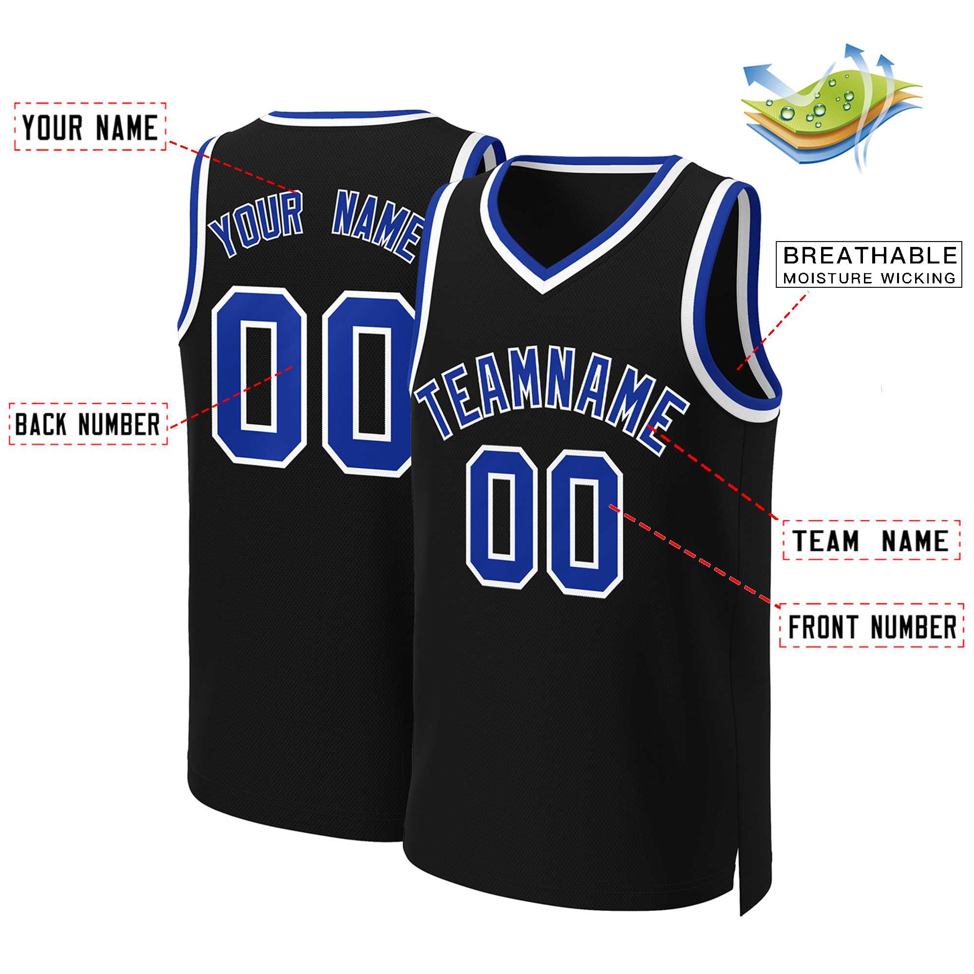 Maillot de basket-ball classique noir Royal-blanc personnalisé