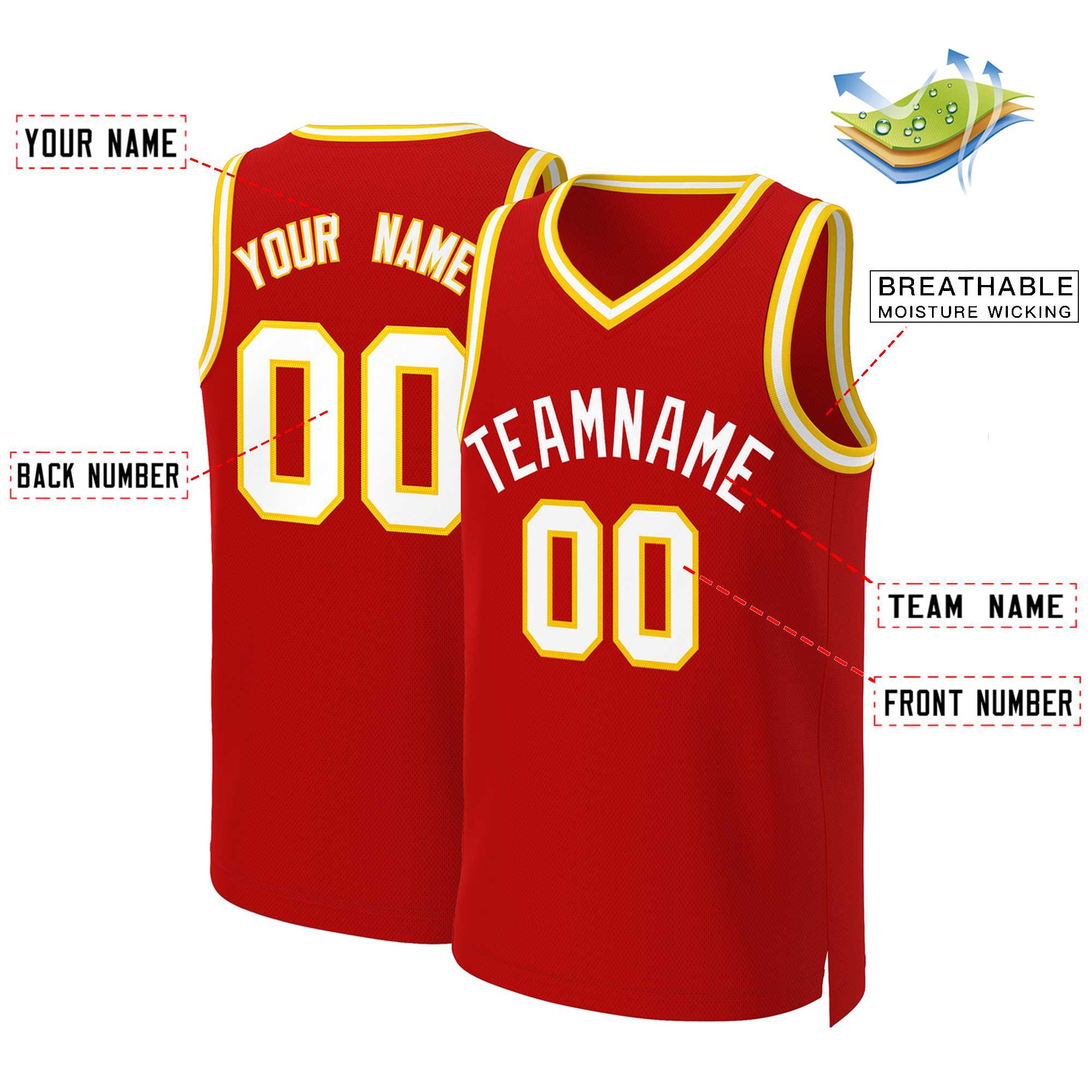 Maillot de basket-ball classique rouge et blanc personnalisé