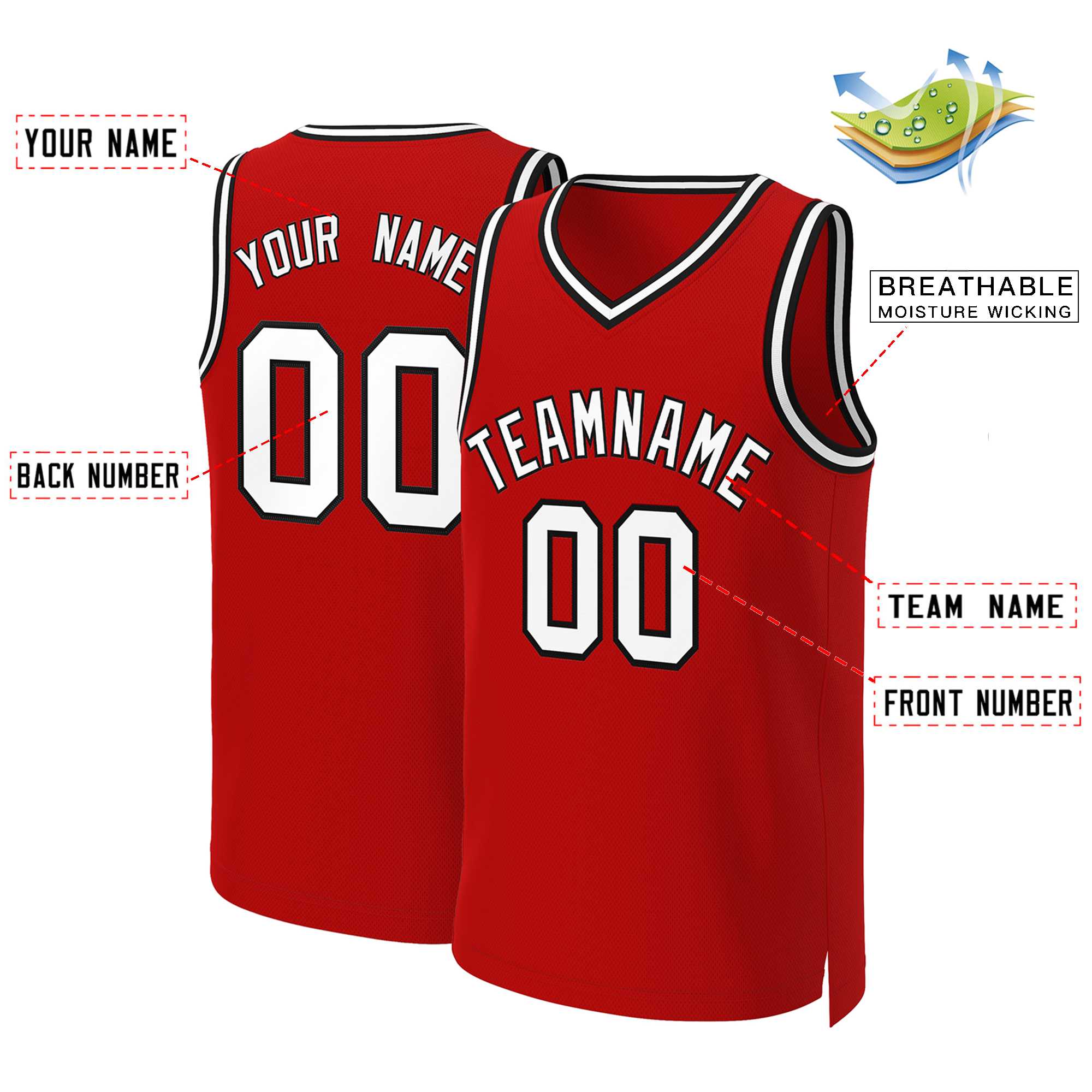 Maillot de basket-ball classique personnalisé rouge blanc-noir