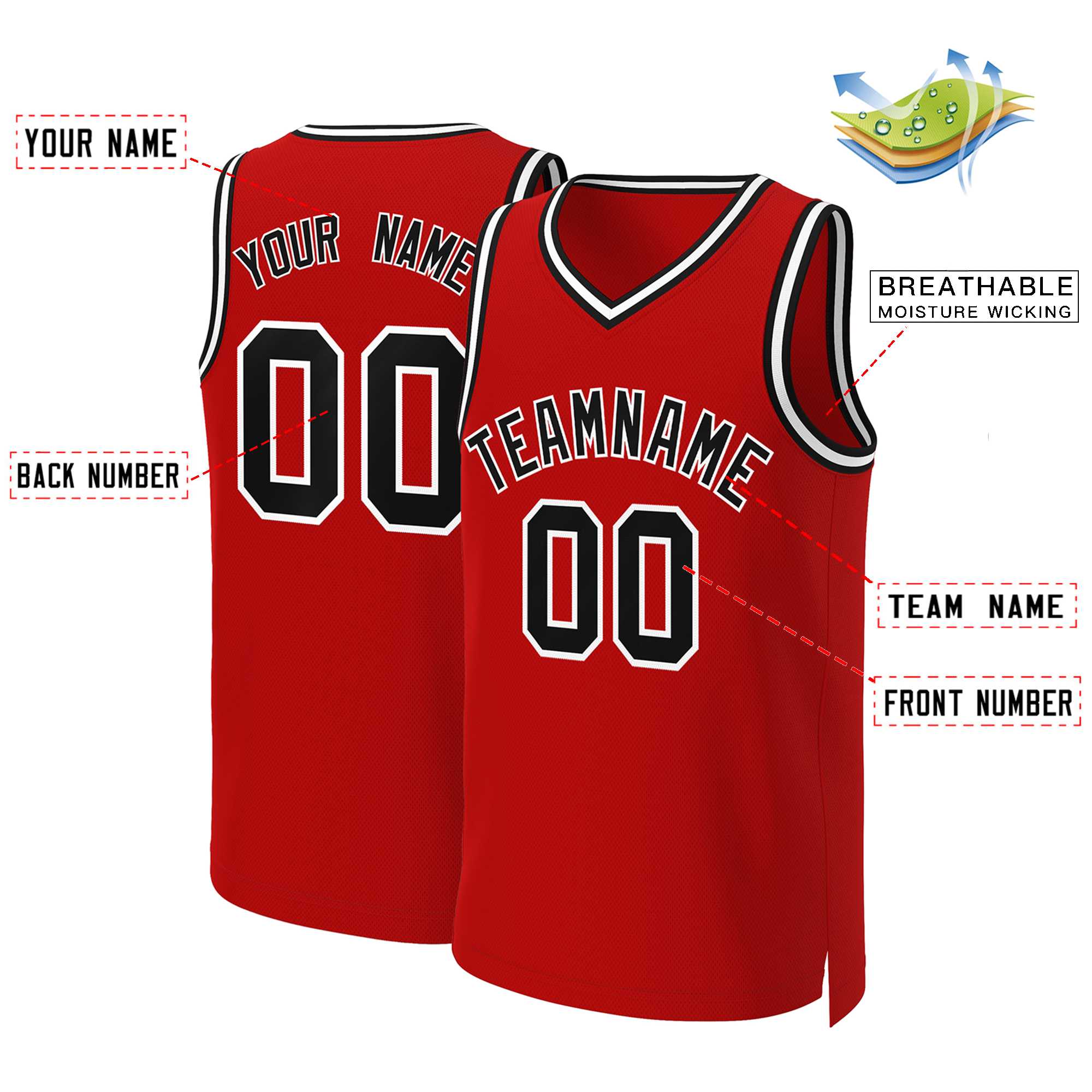 Custom Red Black-White Classic Tops Basketball Jersey