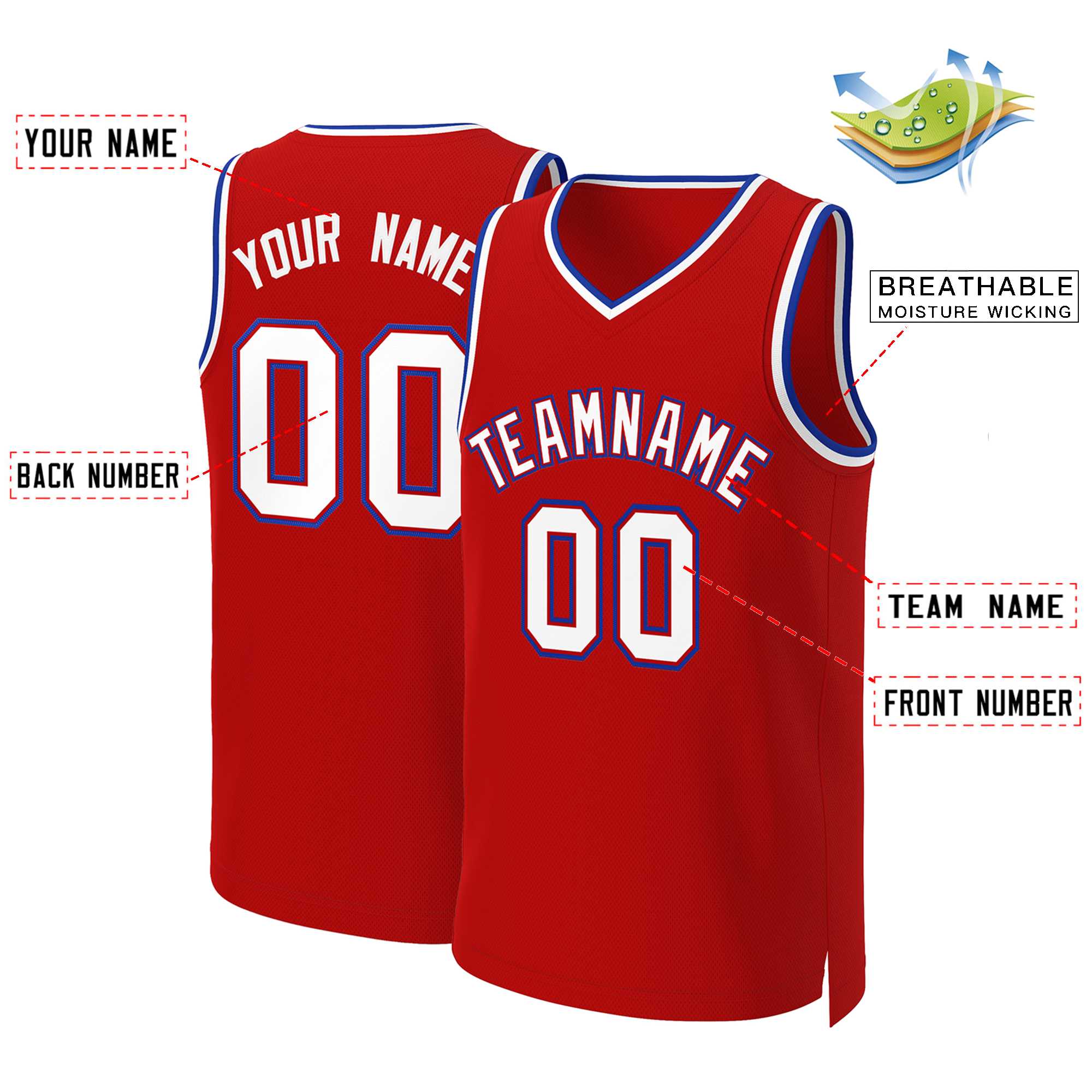 Maillot de basket-ball classique personnalisé rouge blanc-rouge