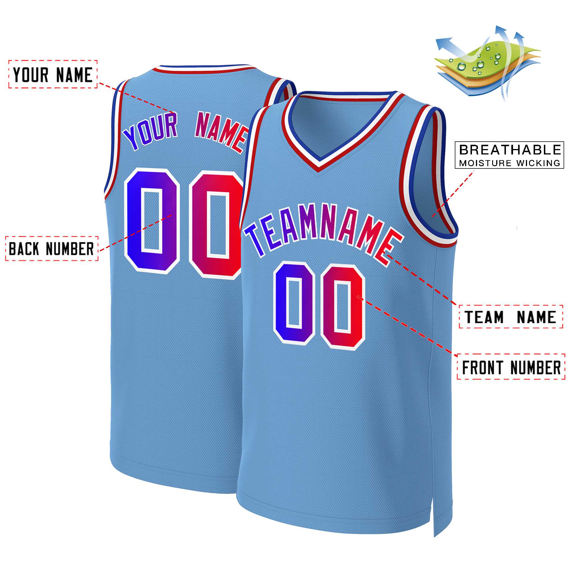 Maillot de basket-ball personnalisé, bleu clair, bleu-blanc, dégradé classique, hauts à la mode