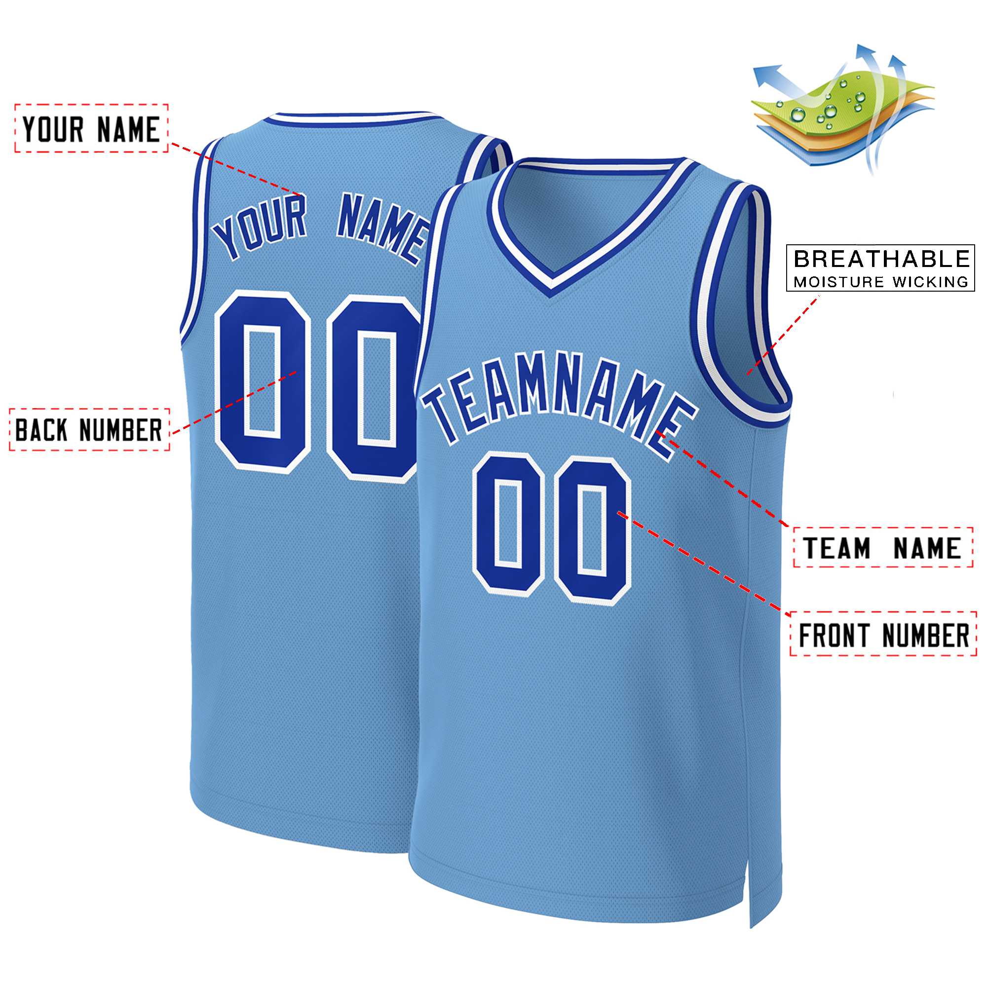 Maillot de basket-ball classique personnalisé bleu clair Royal-blanc