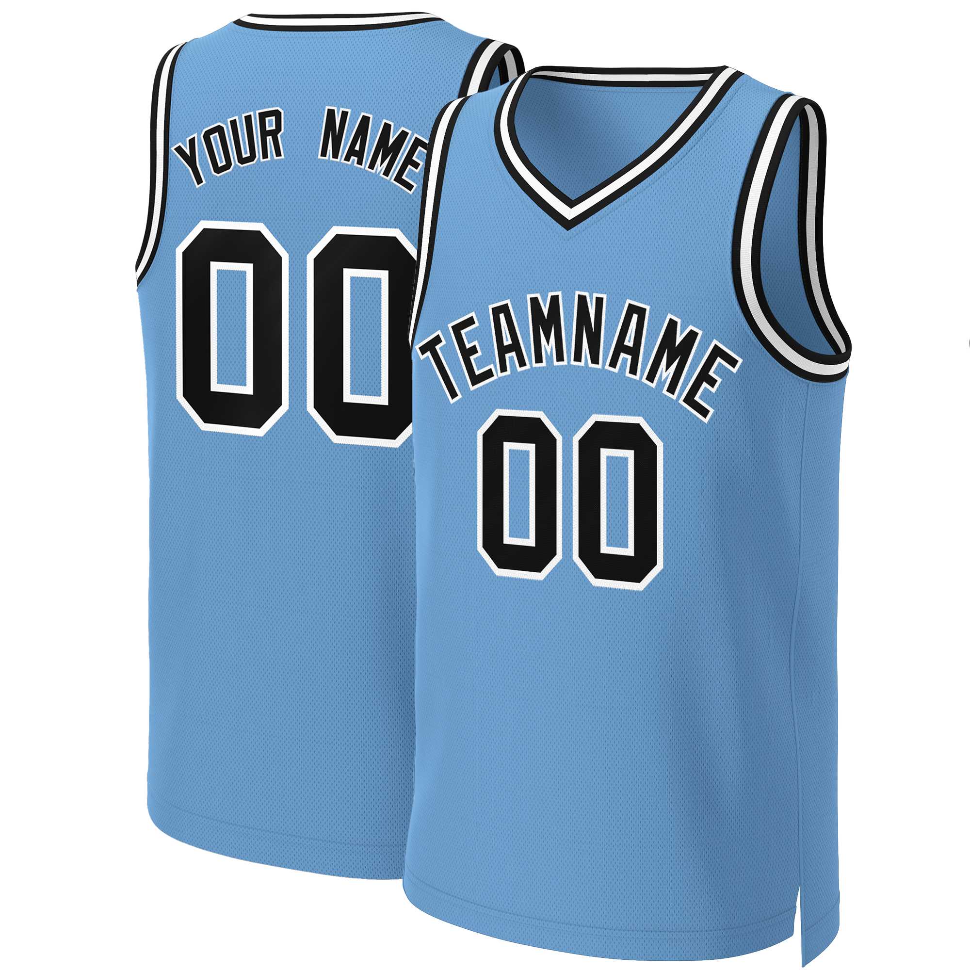 Maillot de basket-ball classique personnalisé, bleu clair, noir et blanc