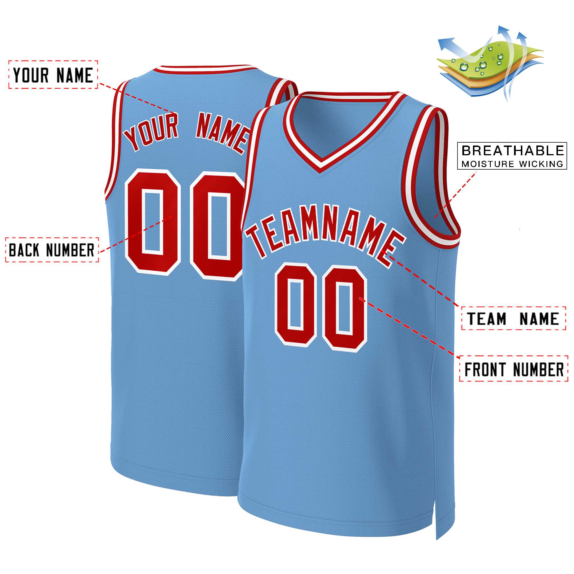 Maillot de basket-ball classique personnalisé bleu clair rouge-blanc