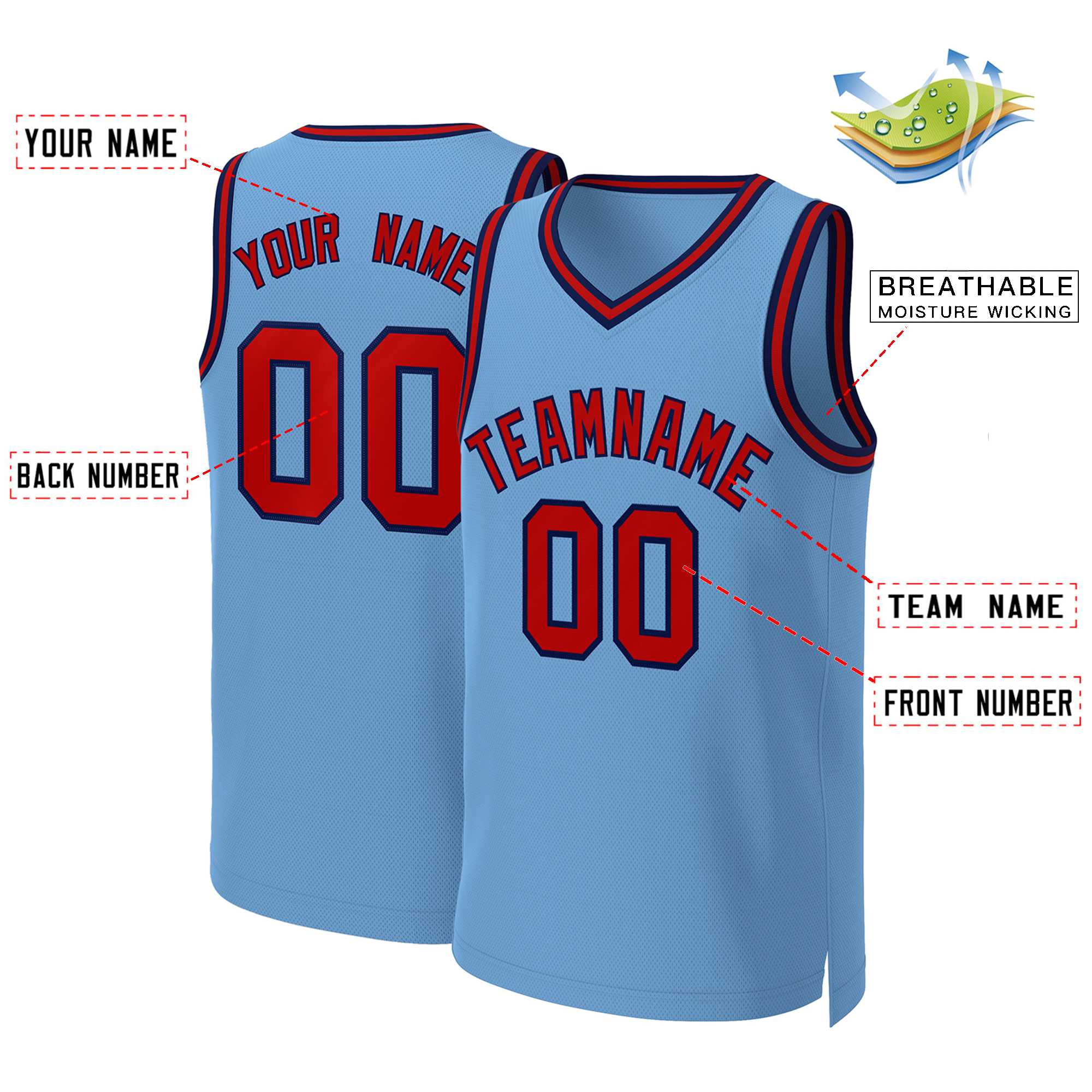 Maillot de basket-ball classique personnalisé bleu clair rouge-marine