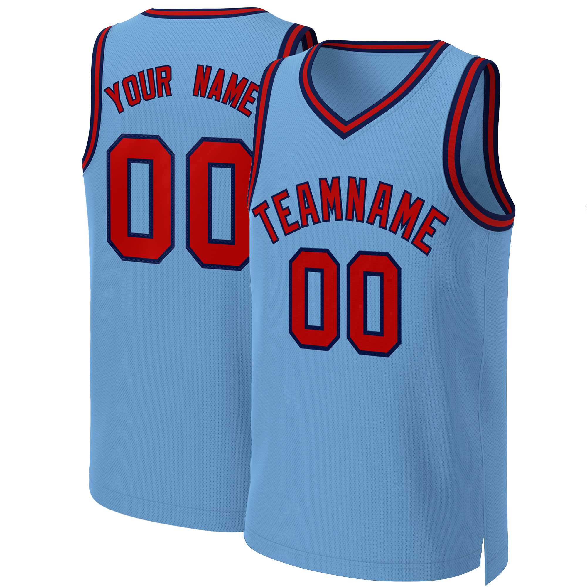 Maillot de basket-ball classique personnalisé bleu clair rouge-marine