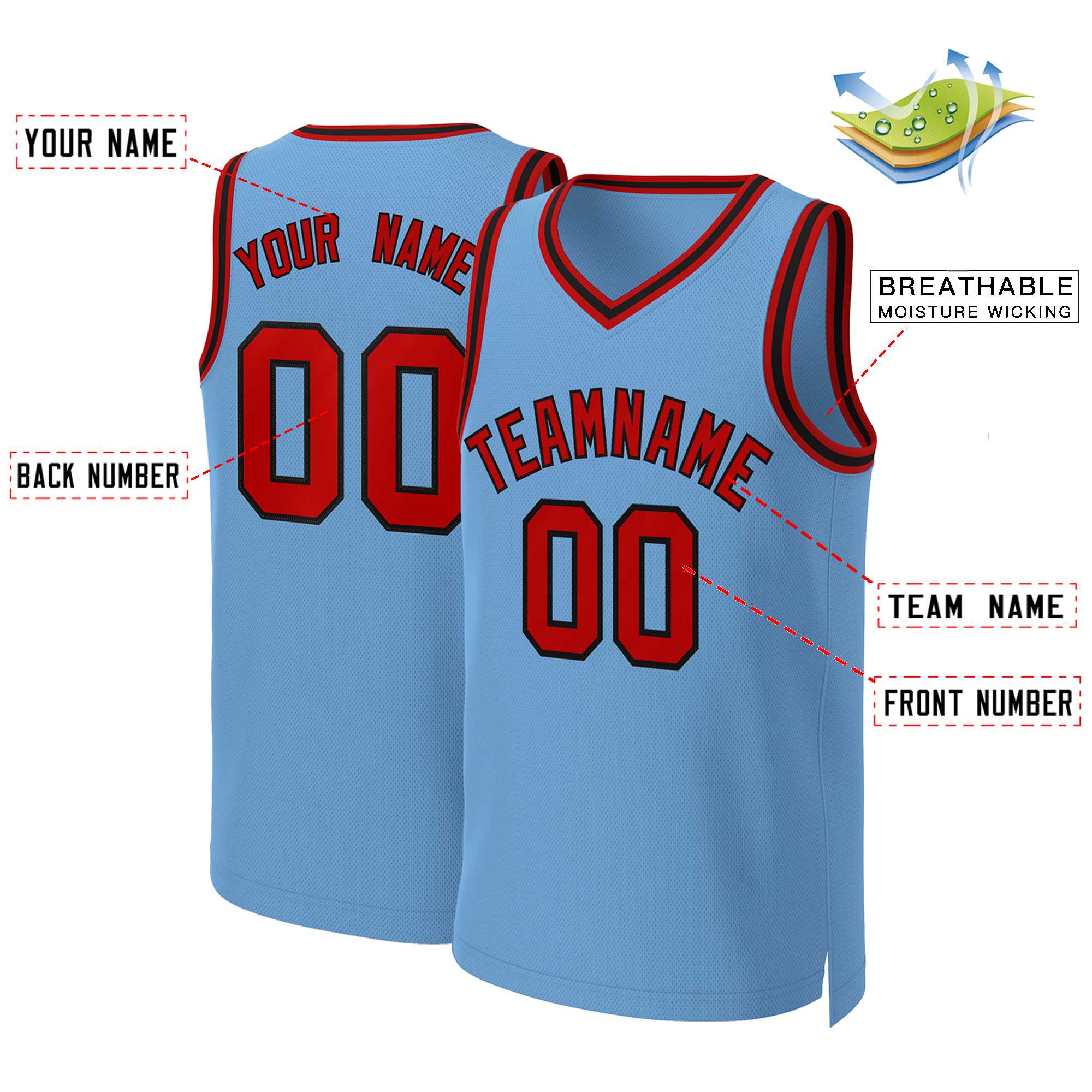 Maillot de basket-ball classique personnalisé bleu clair rouge-noir