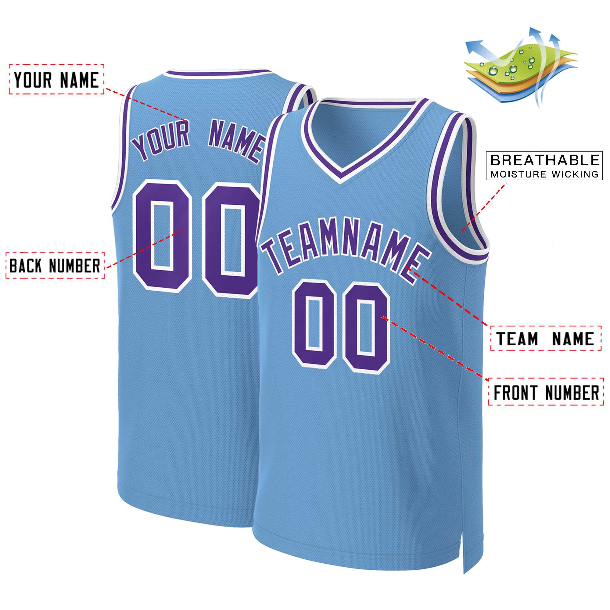 Maillot de basket-ball classique personnalisé bleu clair violet-blanc