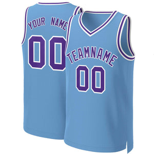 Maillot de basket-ball classique personnalisé bleu clair violet-blanc