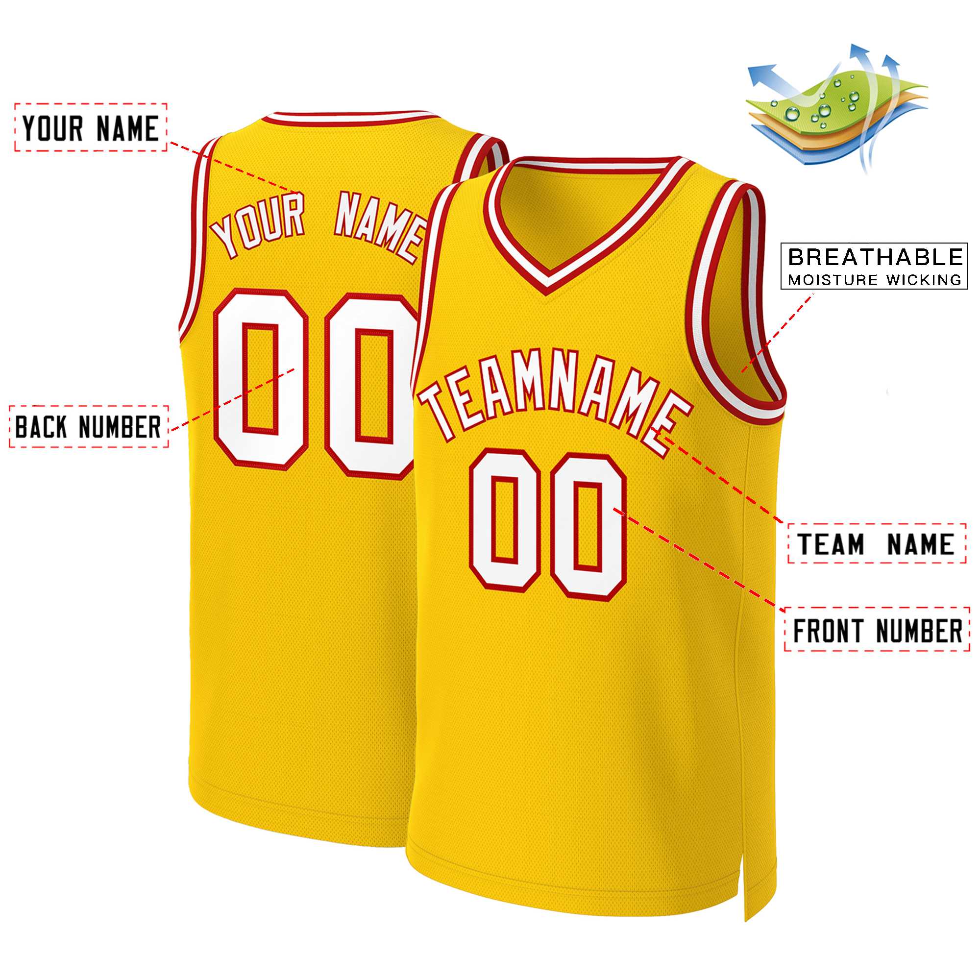 Maillot de basket-ball classique jaune blanc-rouge personnalisé