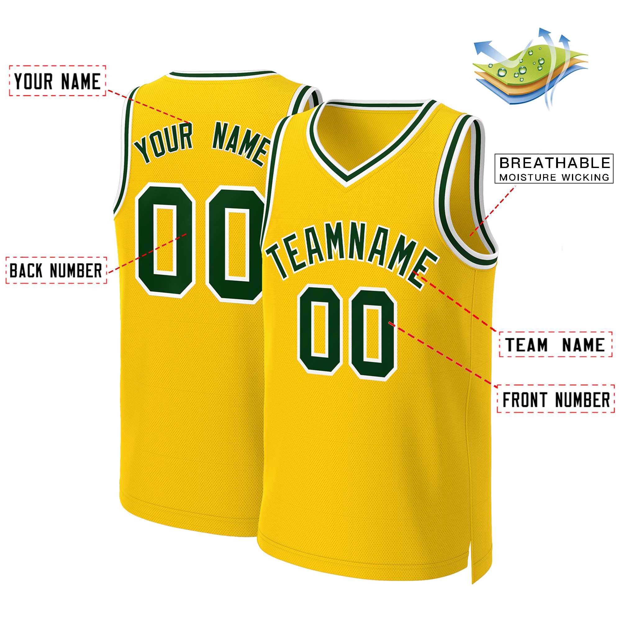 Maillot de basket-ball classique personnalisé jaune vert-blanc