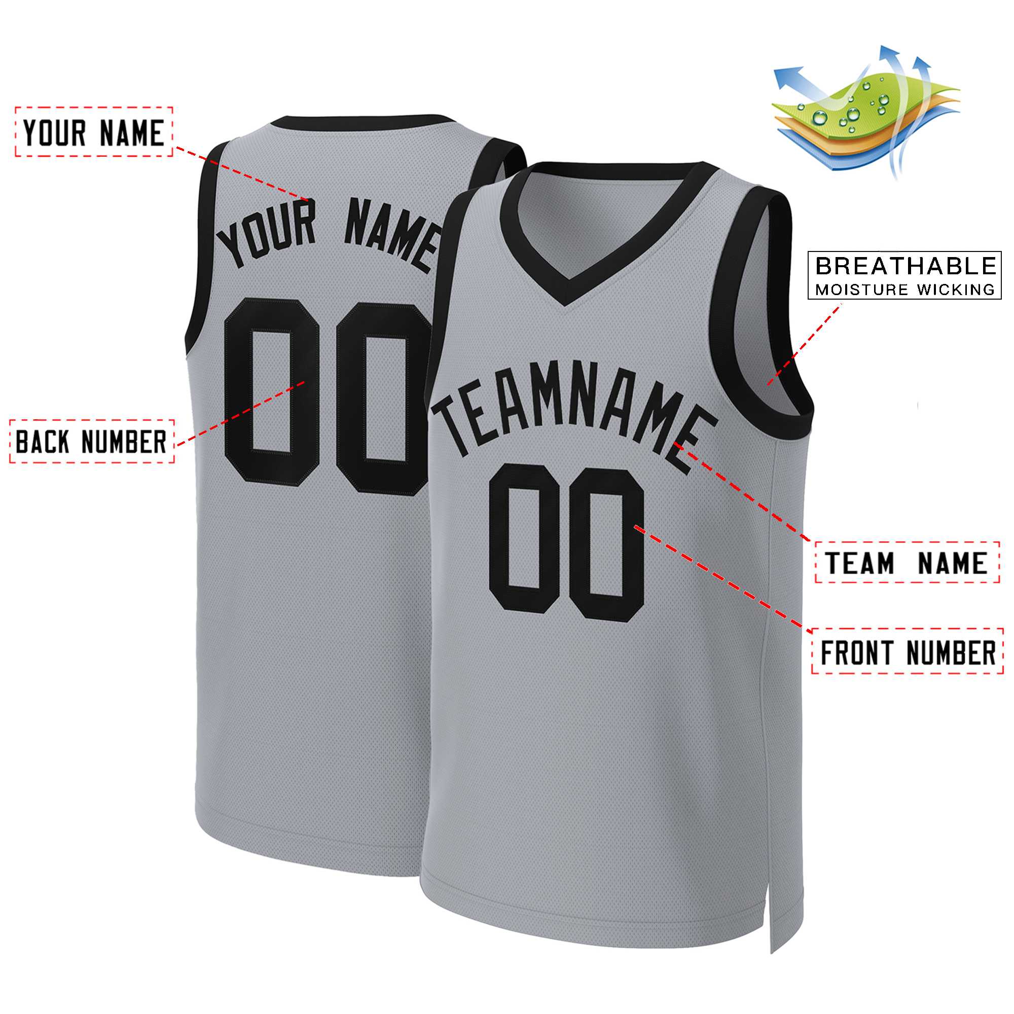 Custom Gray Black Classic Tops Basketball Jersey