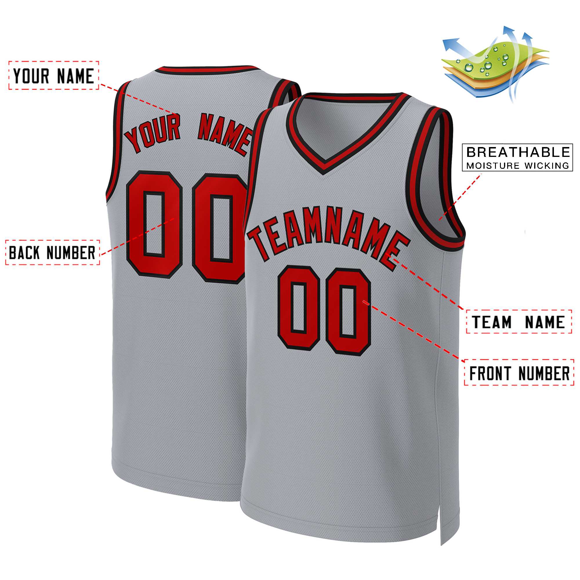 Custom Gray Red-Black Classic Tops Basketball Jersey