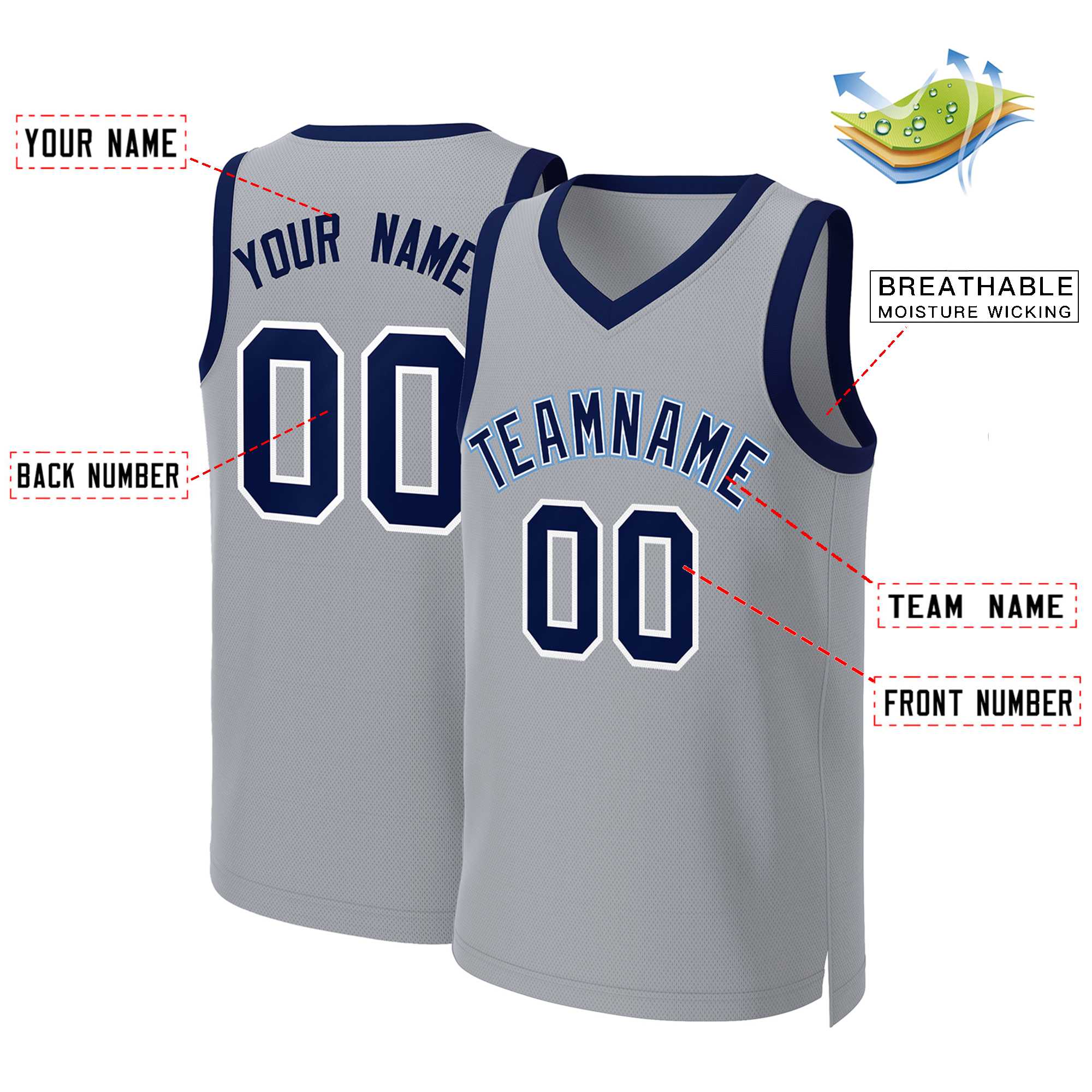 Maillot de basket-ball classique personnalisé gris marine-blanc