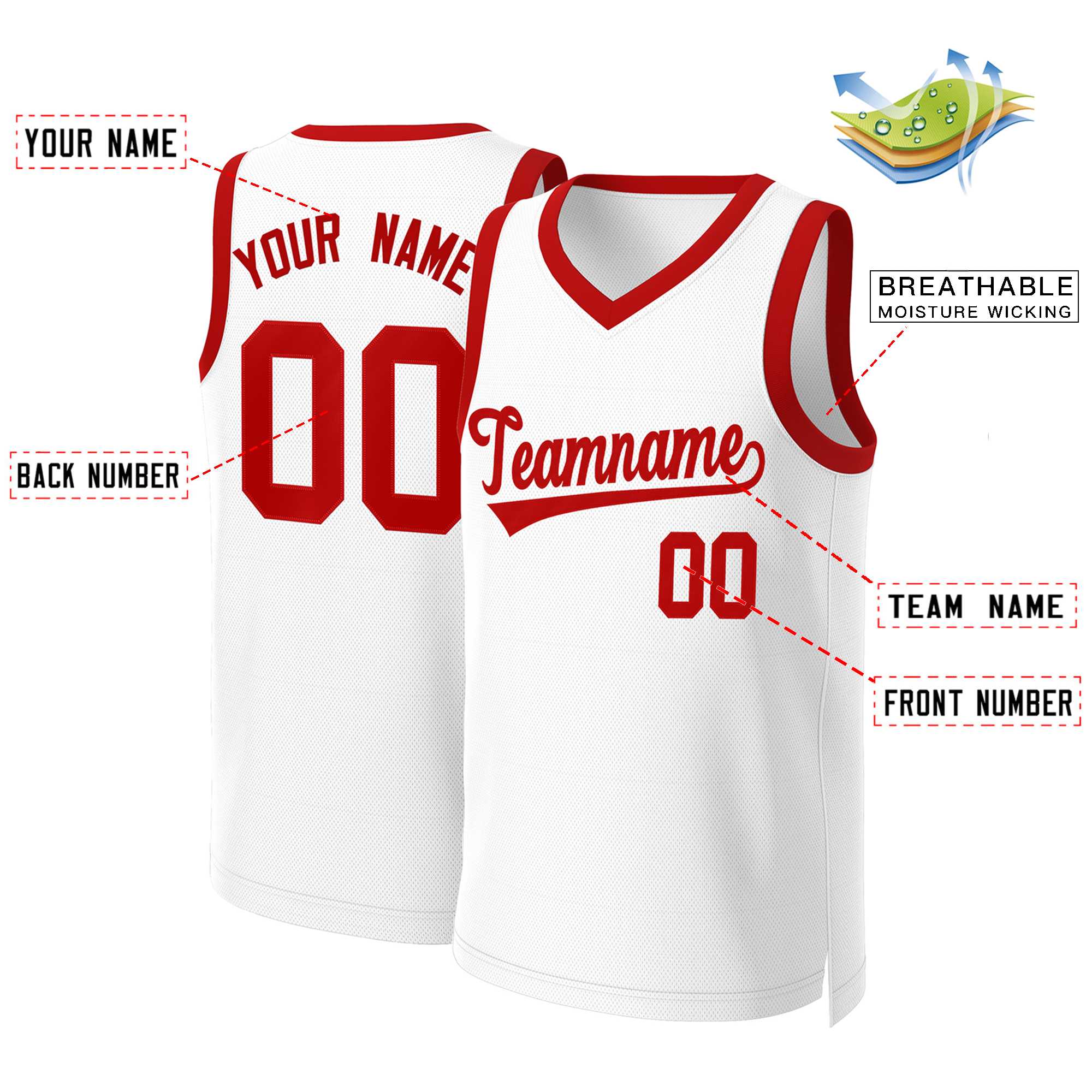 Maillot de basket-ball classique blanc rouge personnalisé