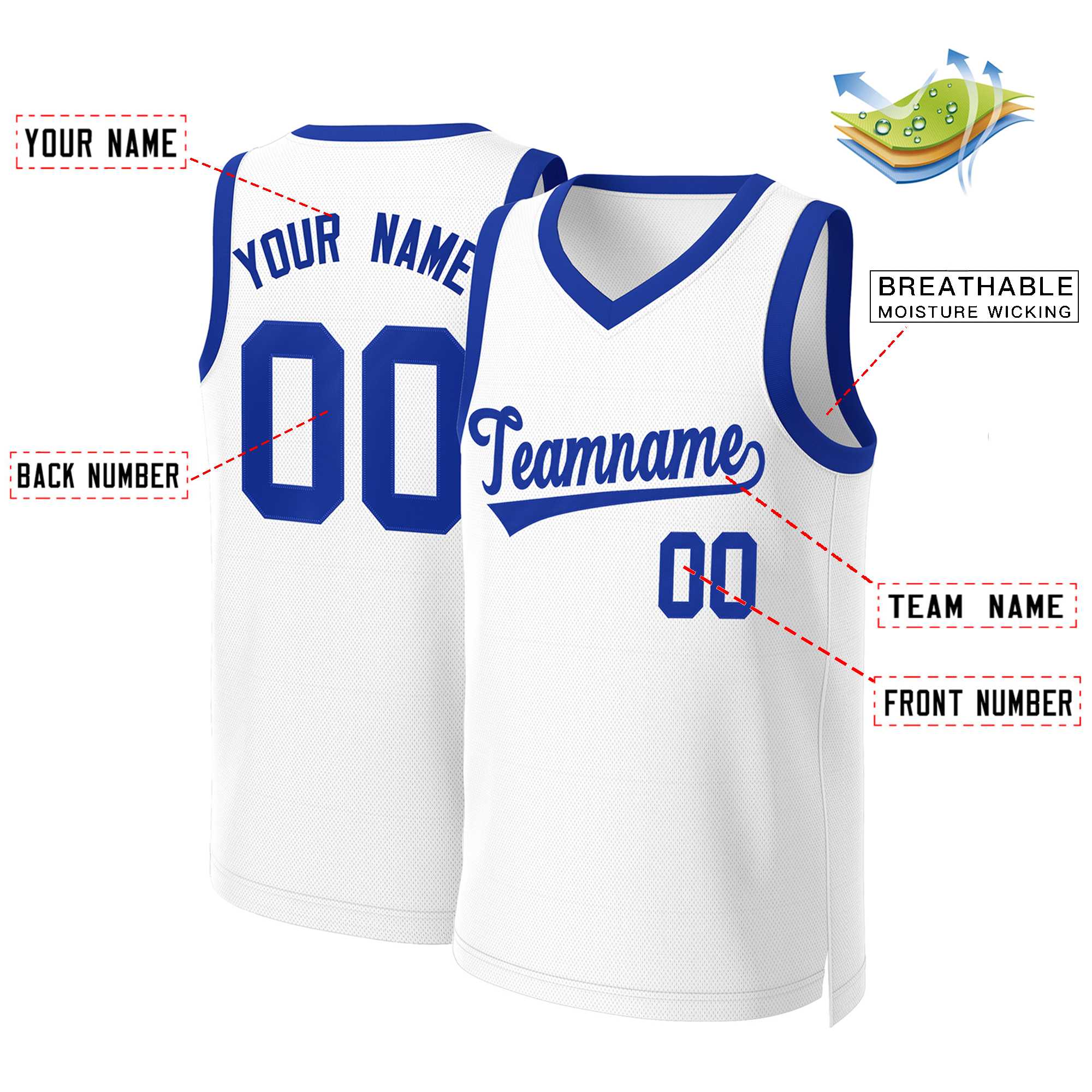 Maillot de basket-ball Royal Classic blanc personnalisé