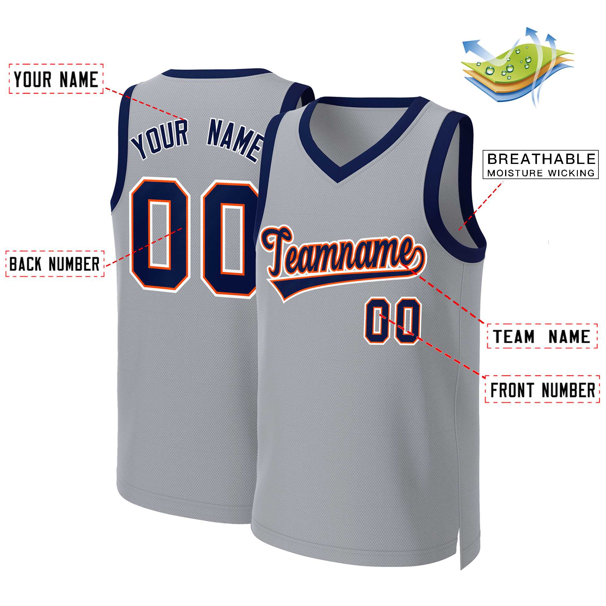 Custom Gray Navy-Orange Classic Tops Basketball Jersey