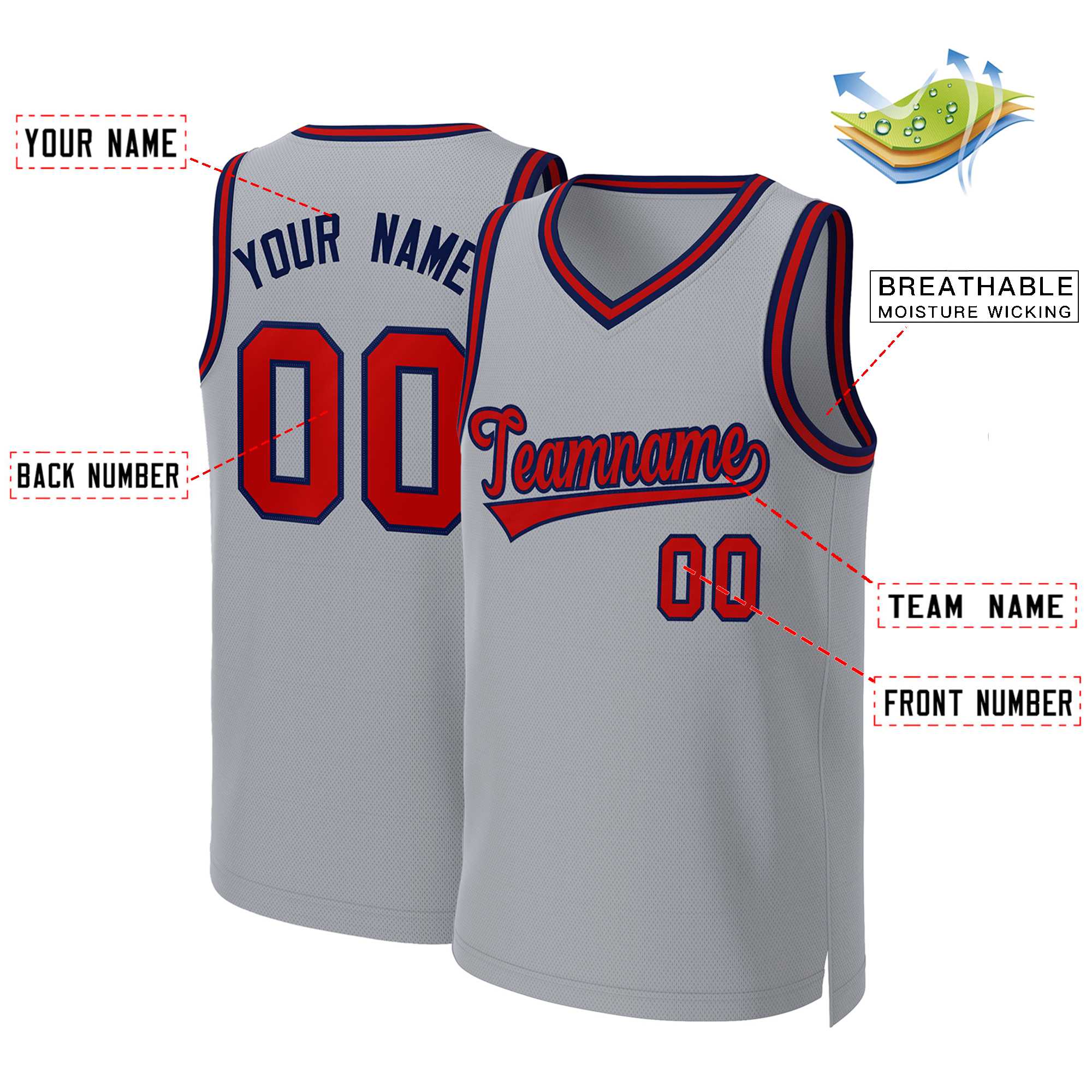 Custom Gray Red-Navy Classic Tops Basketball Jersey