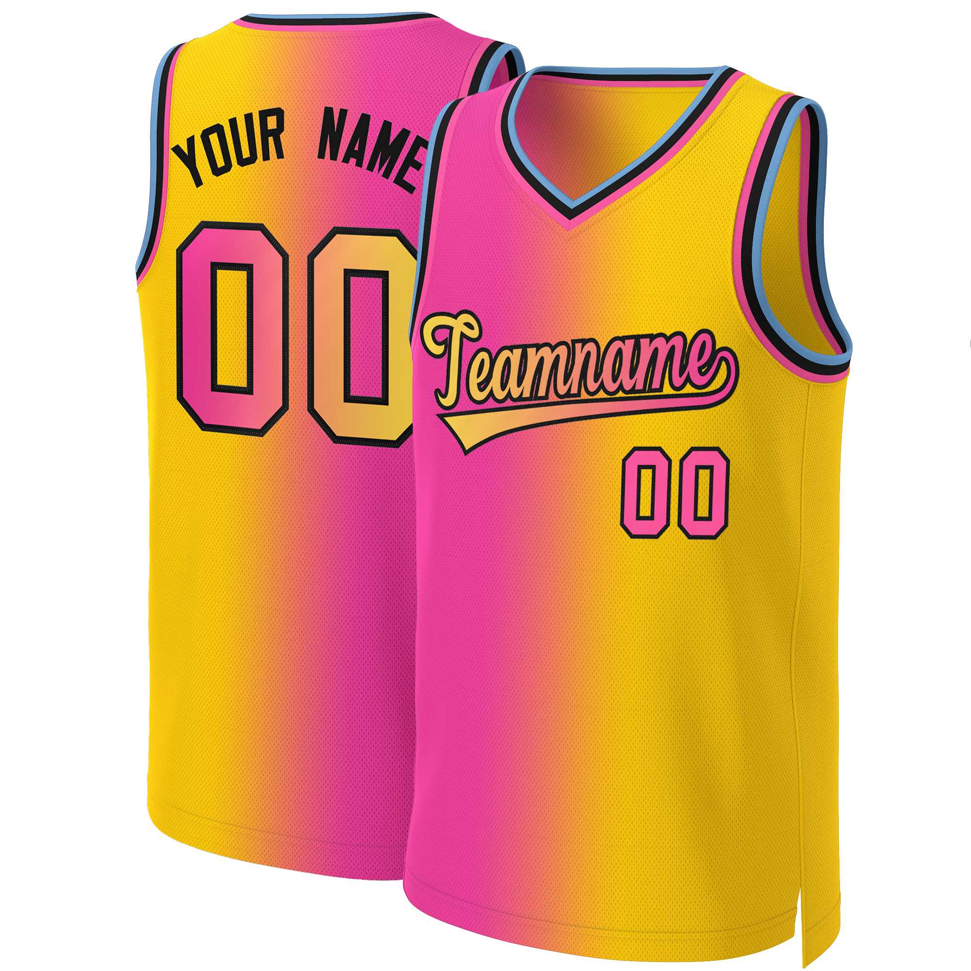 Maillot de basket-ball personnalisé, dégradé rose jaune-noir, hauts à la mode