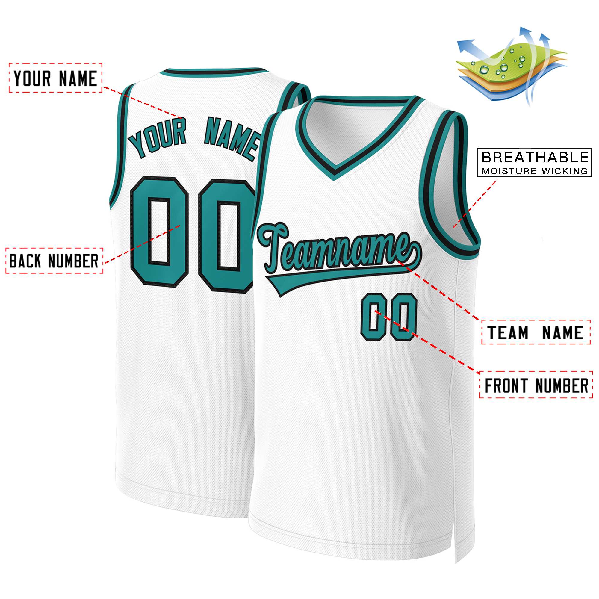 Custom White Teal-Black Classic Tops Basketball Jersey