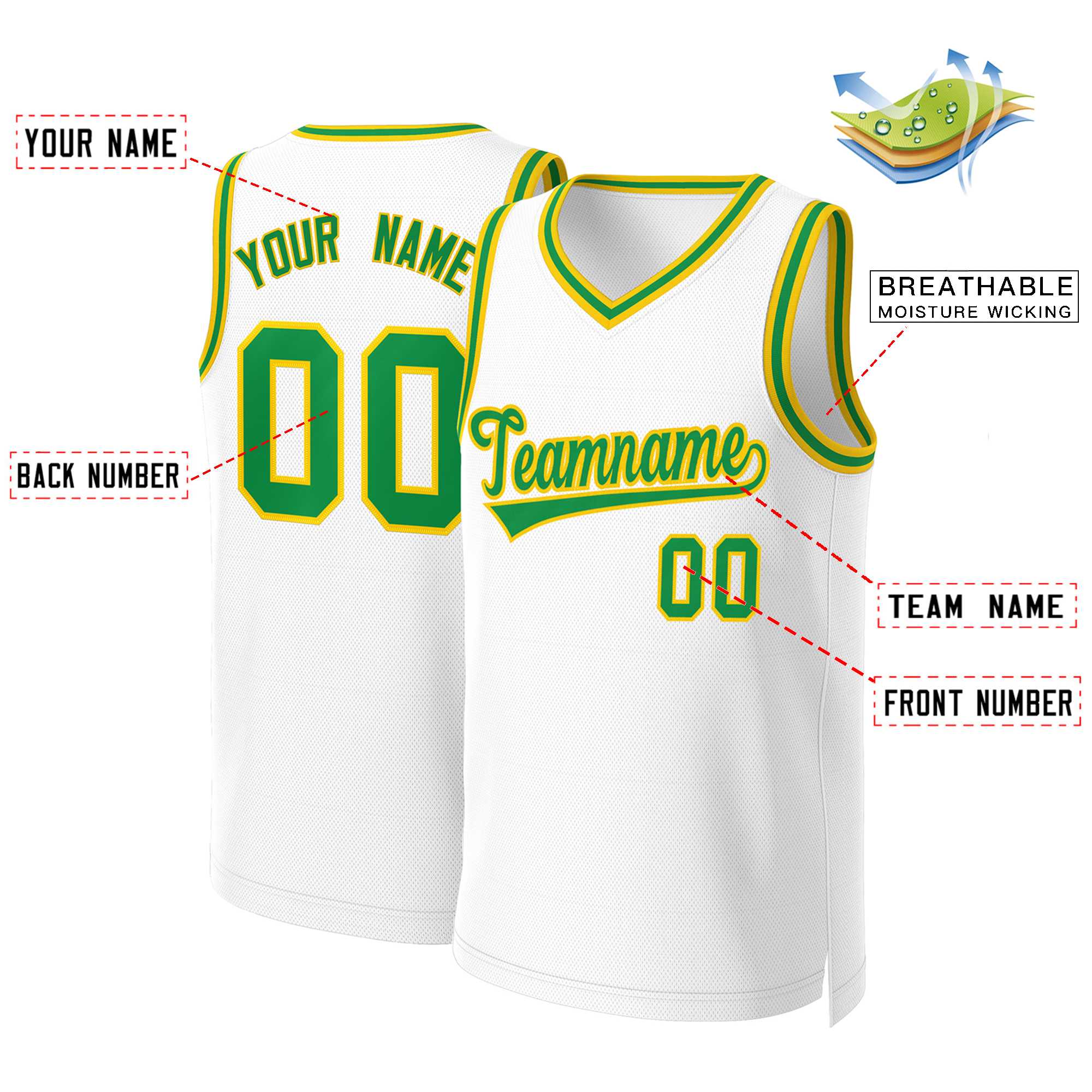 Custom White Green-Yellow Classic Tops Basketball Jersey