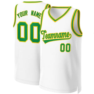 Maillot de basket-ball classique personnalisé blanc vert-jaune