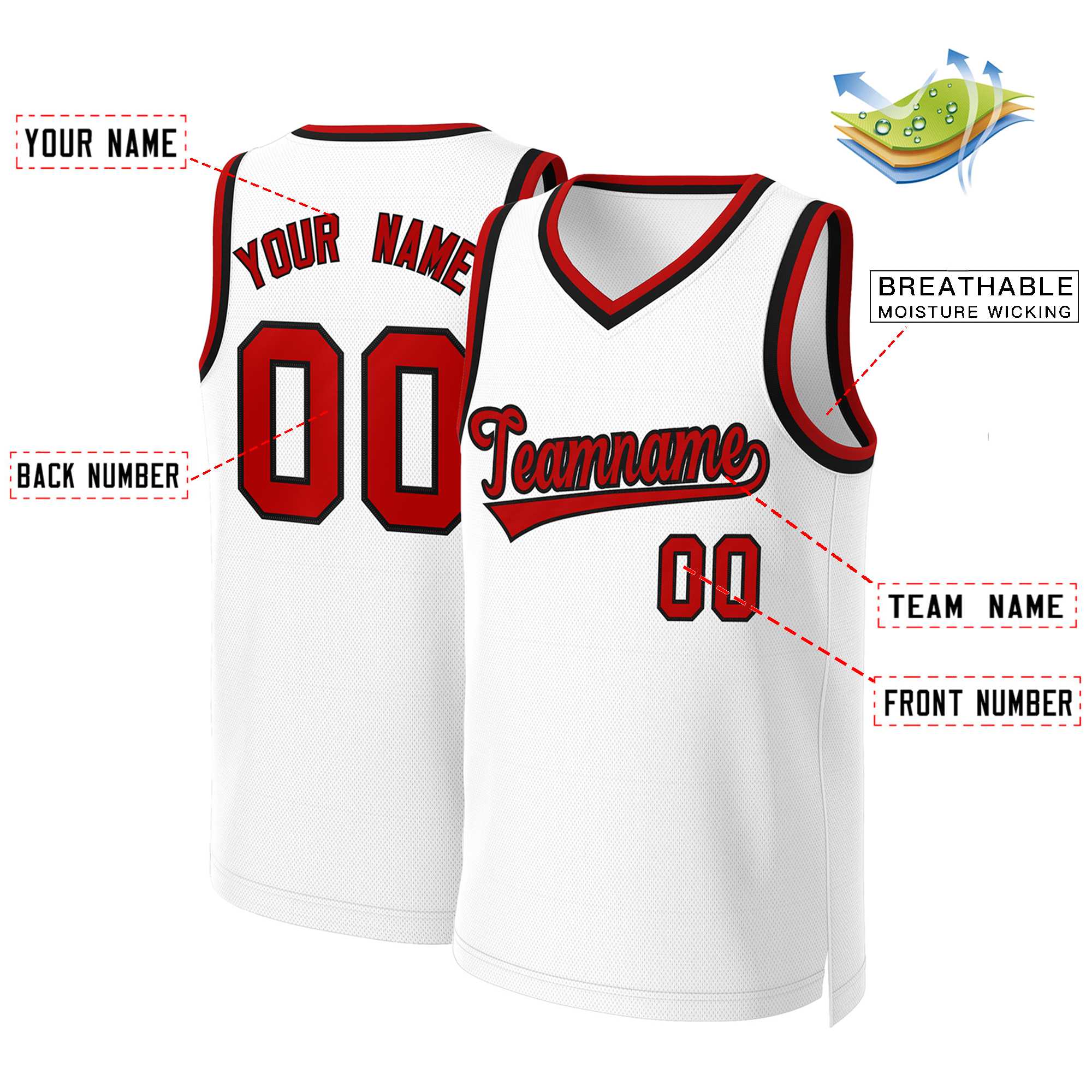 Maillot de basket-ball classique personnalisé blanc rouge-noir