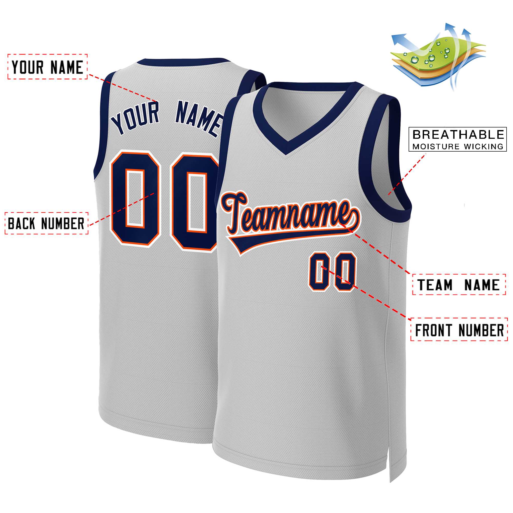 Custom Gray Navy-Orange Classic Tops Basketball Jersey