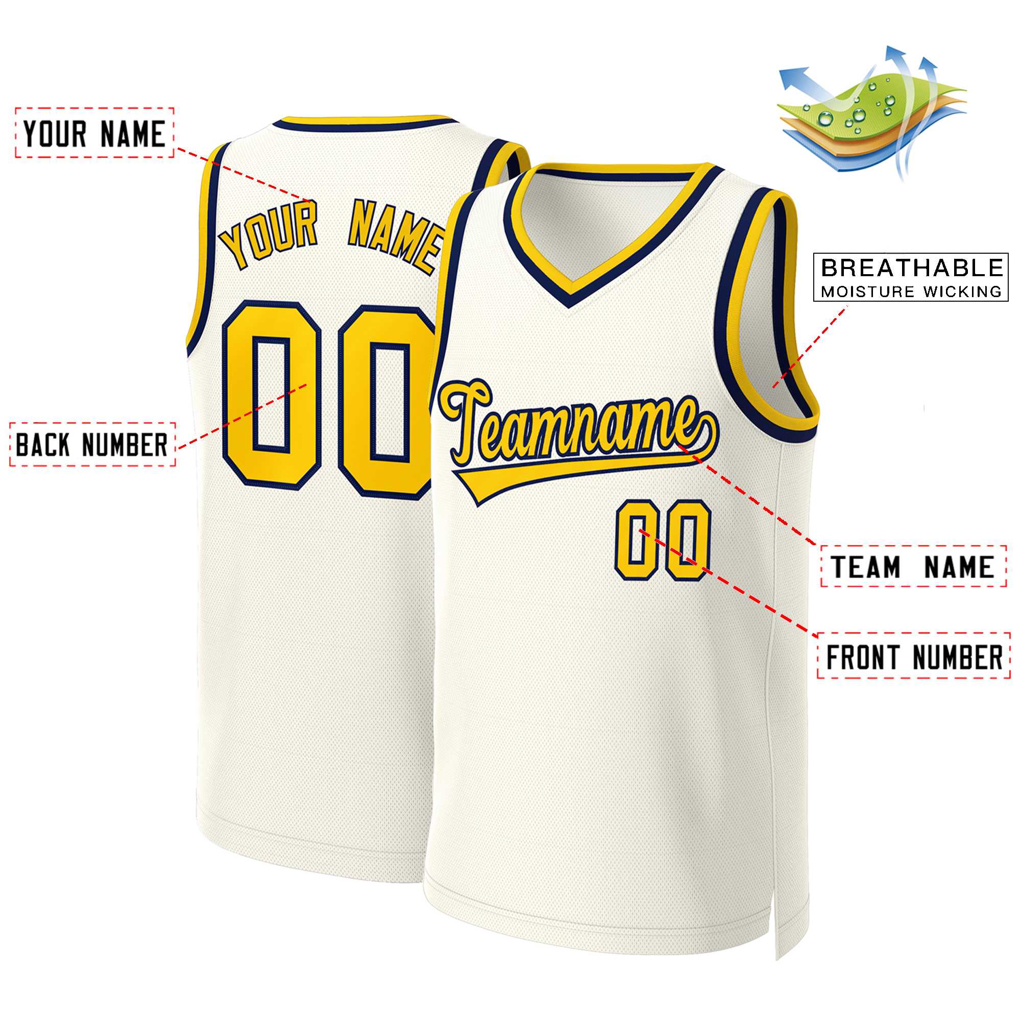 Maillot de basket-ball classique personnalisé kaki jaune-marine