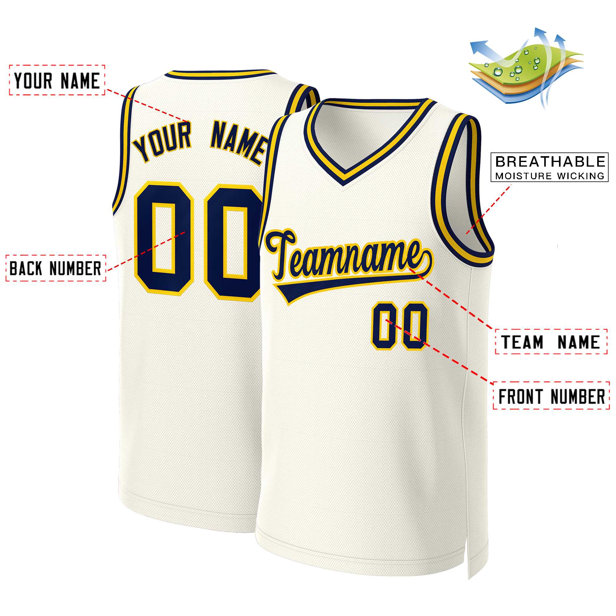 Maillot de basket-ball classique personnalisé kaki marine-jaune