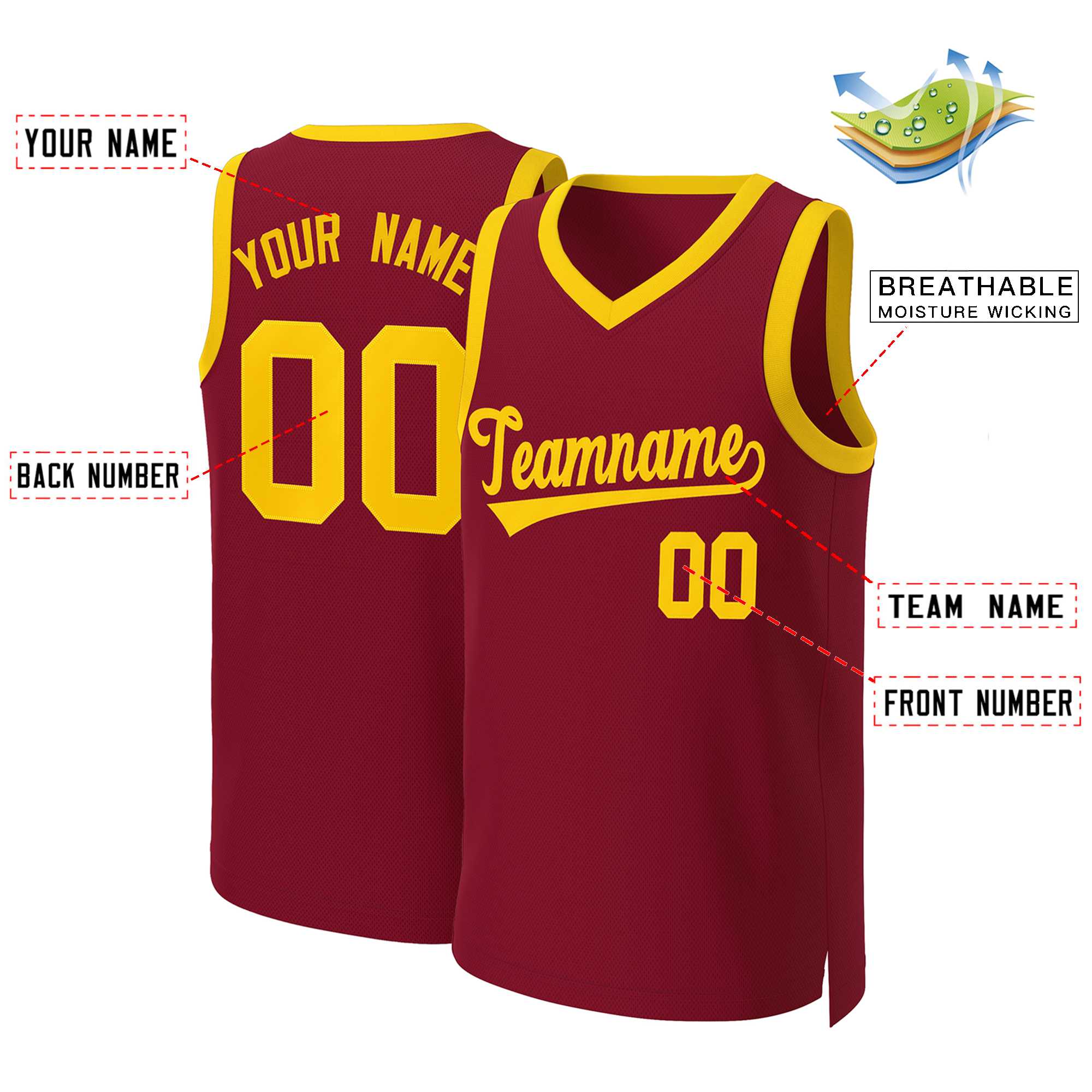 Custom Maroon Yellow Classic Tops Basketball Jersey