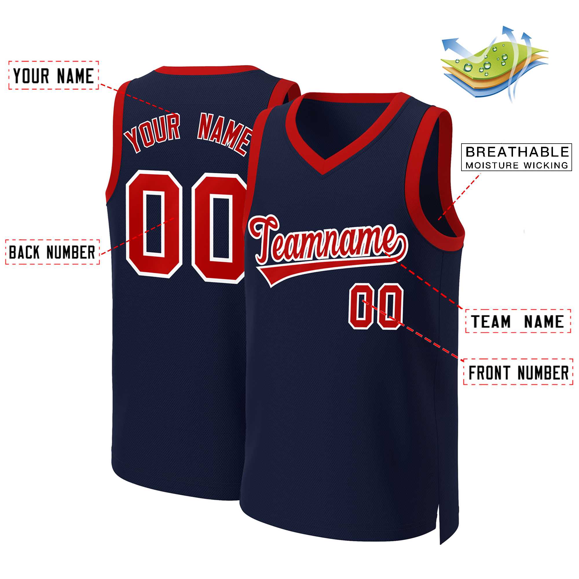 Maillot de basket-ball classique personnalisé, bleu marine, rouge et blanc