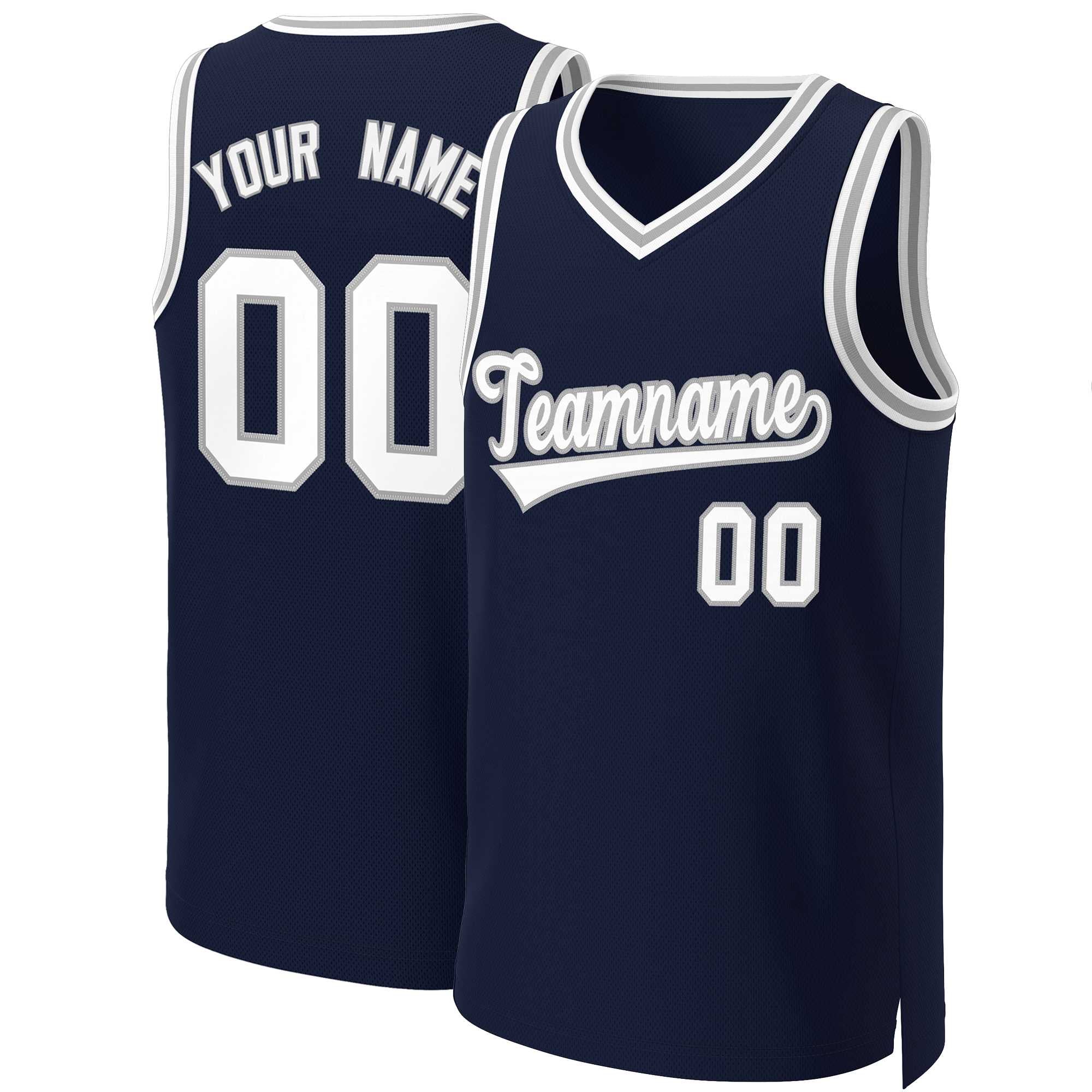 Maillot de basket-ball classique personnalisé, blanc-gris, marine, personnalisé