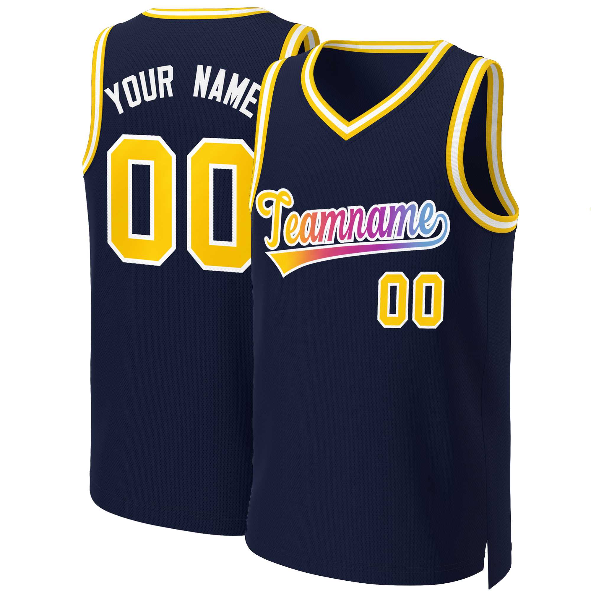 Custom Navy Yellow-White Classic Gradient Fashion Tops Basketball Jersey