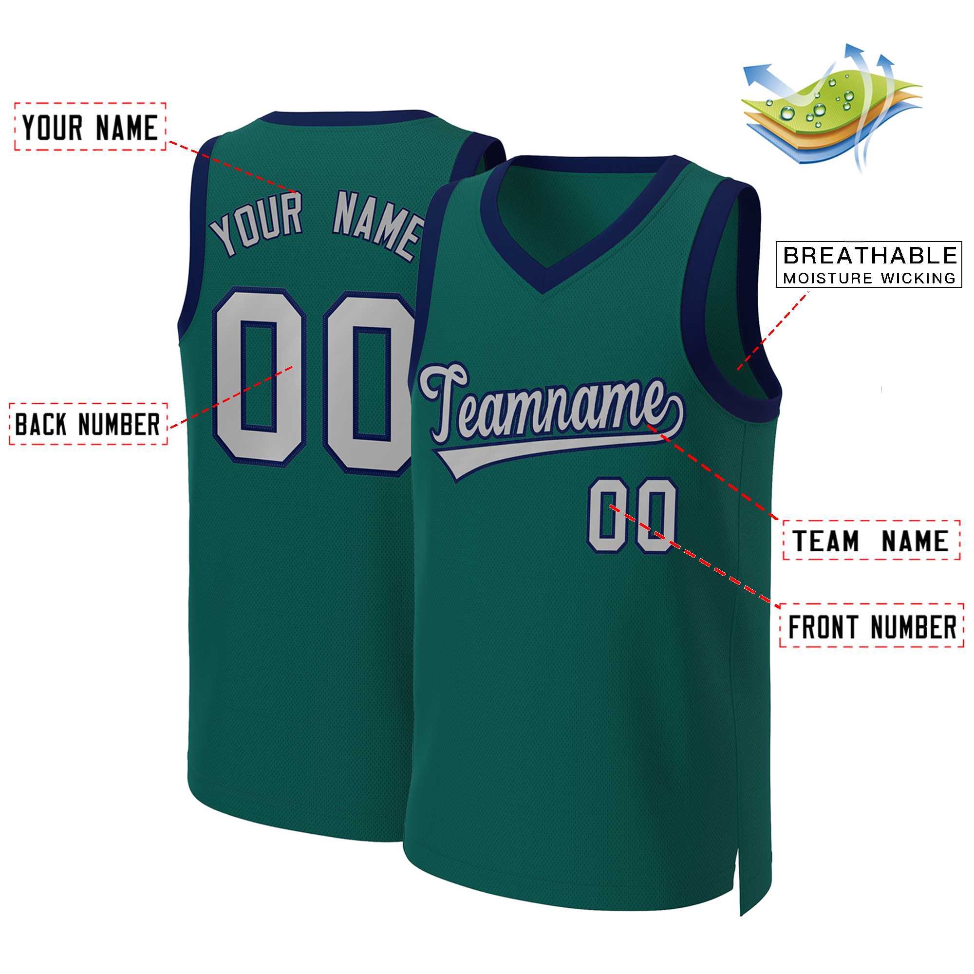 Maillot de basket-ball classique personnalisé Aqua gris-marine